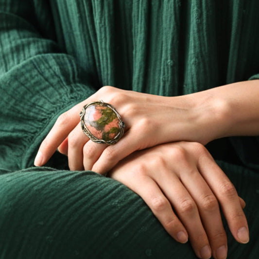 Chunky Unakite Ring - Oval Pink and Green Cocktail Statement Ring