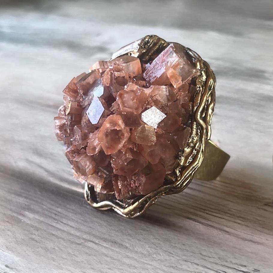 Sunstone and Aragonite Raw Crystal Chunky Ring Statement Large Cocktail Ring