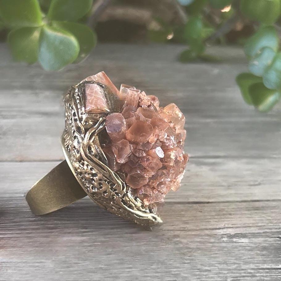 Sunstone and Aragonite Raw Crystal Chunky Ring Statement Large Cocktail Ring
