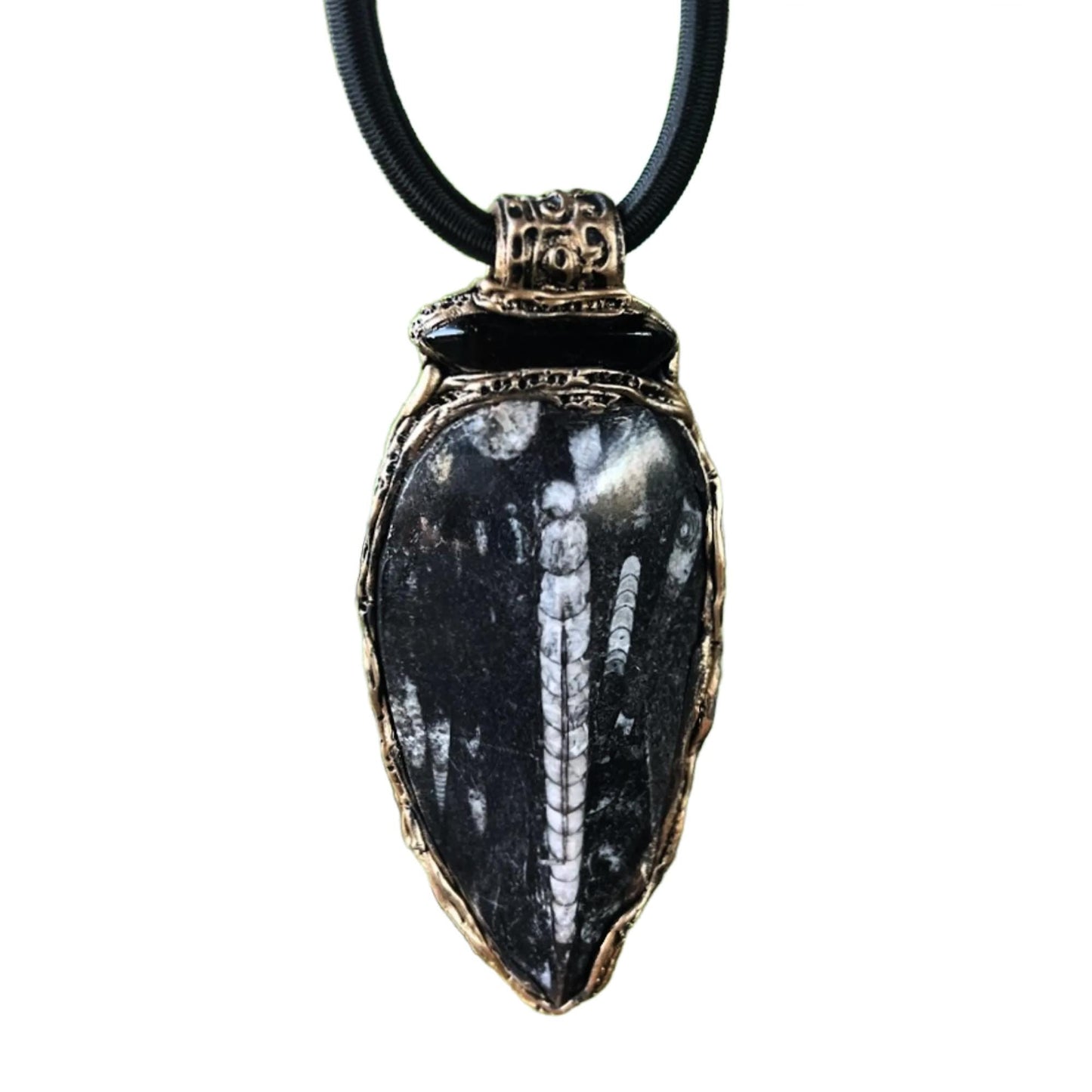 Black Onyx Pendant Beaded Necklace with Large Fossil - Bold Statement Gemstone Jewelry
