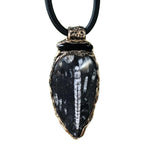 Black Onyx Pendant Beaded Necklace with Large Fossil - Bold Statement Gemstone Jewelry