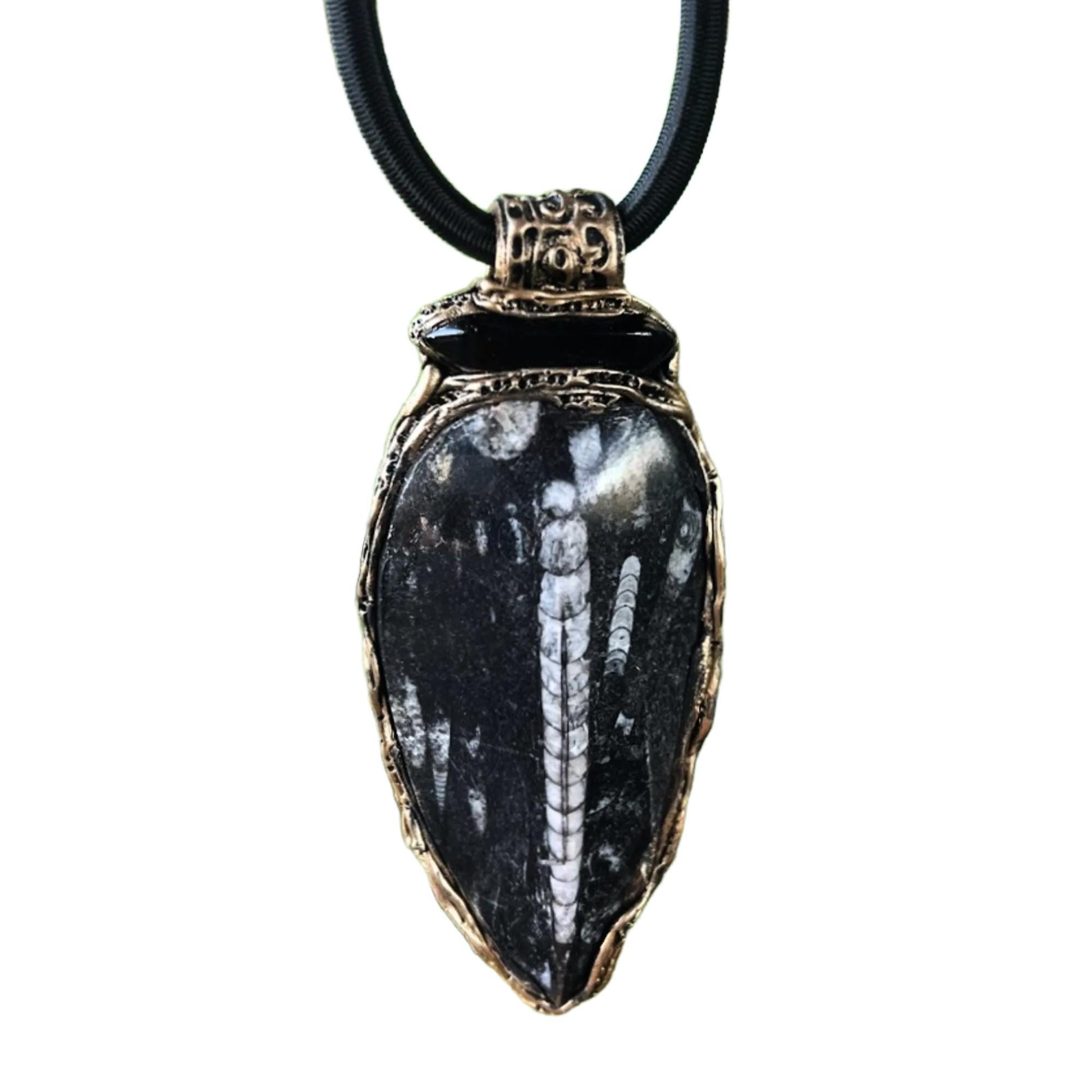 Black Onyx Pendant Beaded Necklace with Large Fossil - Bold Statement Gemstone Jewelry