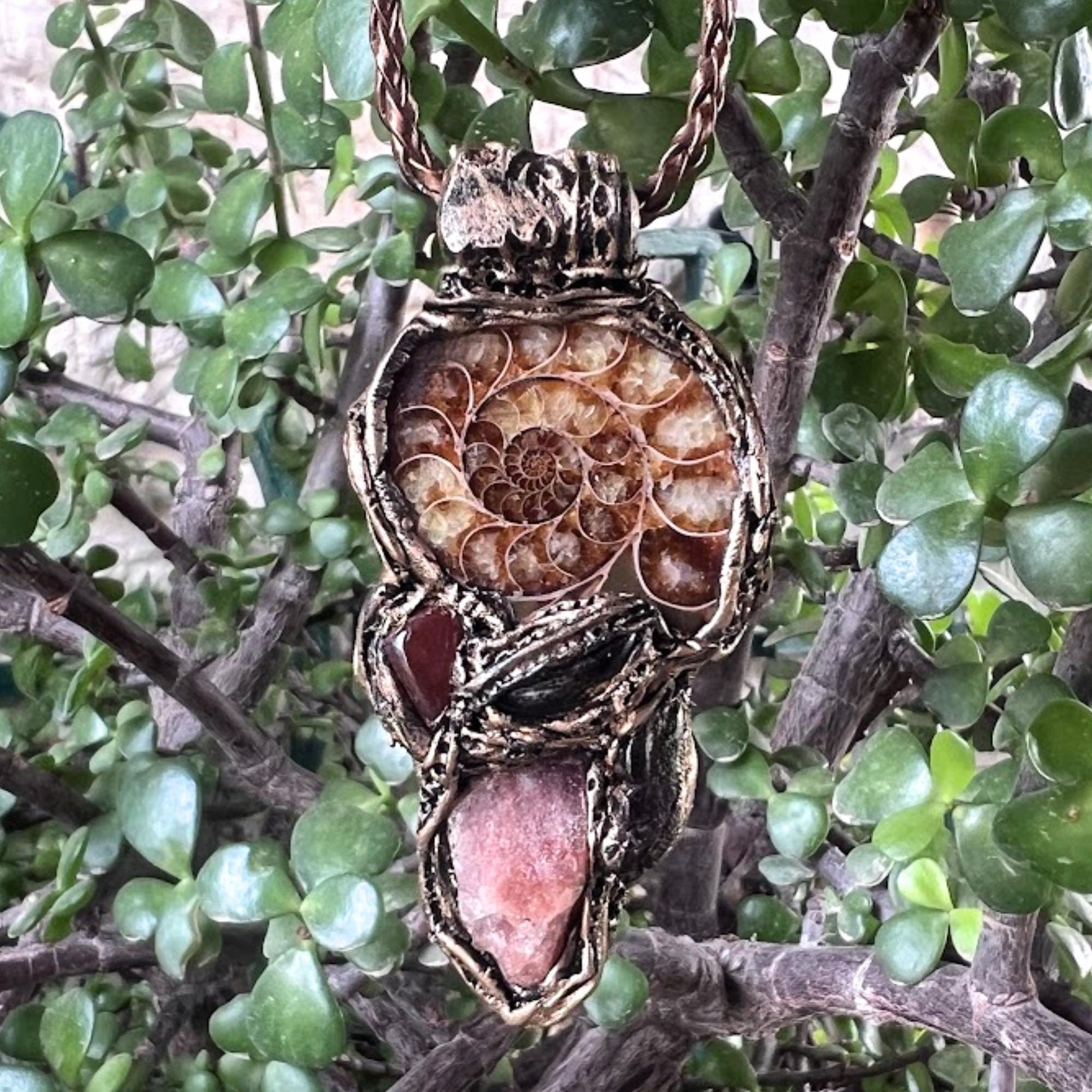 Ammonite Fossil, Carnelian & Sunstone Crystal Pendant - Vitality Talisman