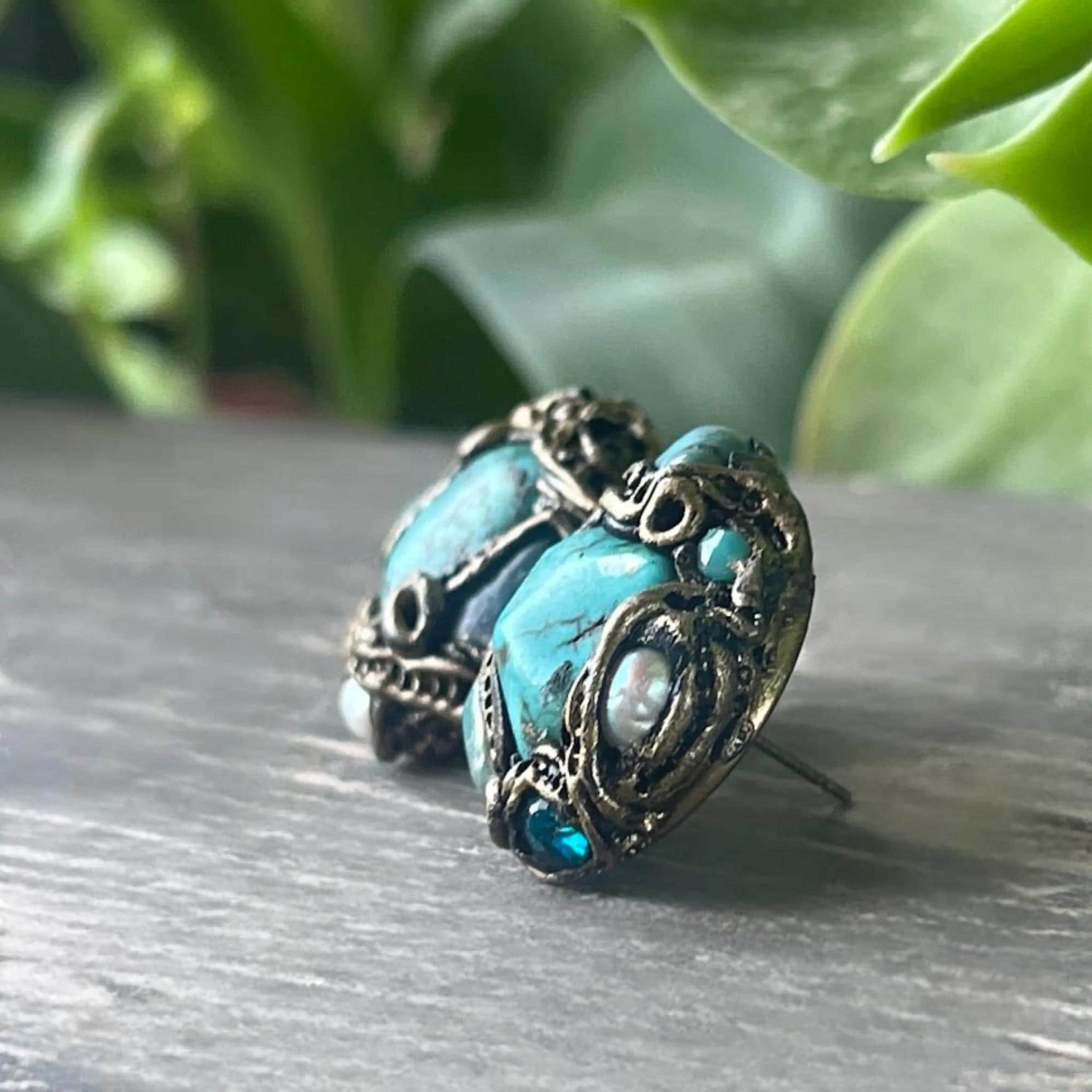 Turquoise & Amazonite Multi Stone Earrings – Blue Green Statement Stud Earrings
