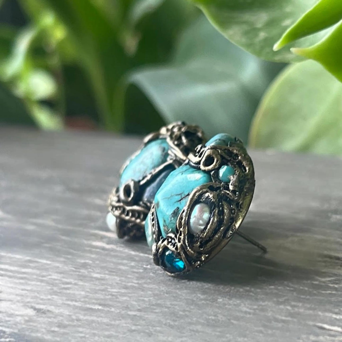 Turquoise and Amazonite Multi Stone Earrings -  Blue Green Statement Stud Earrings