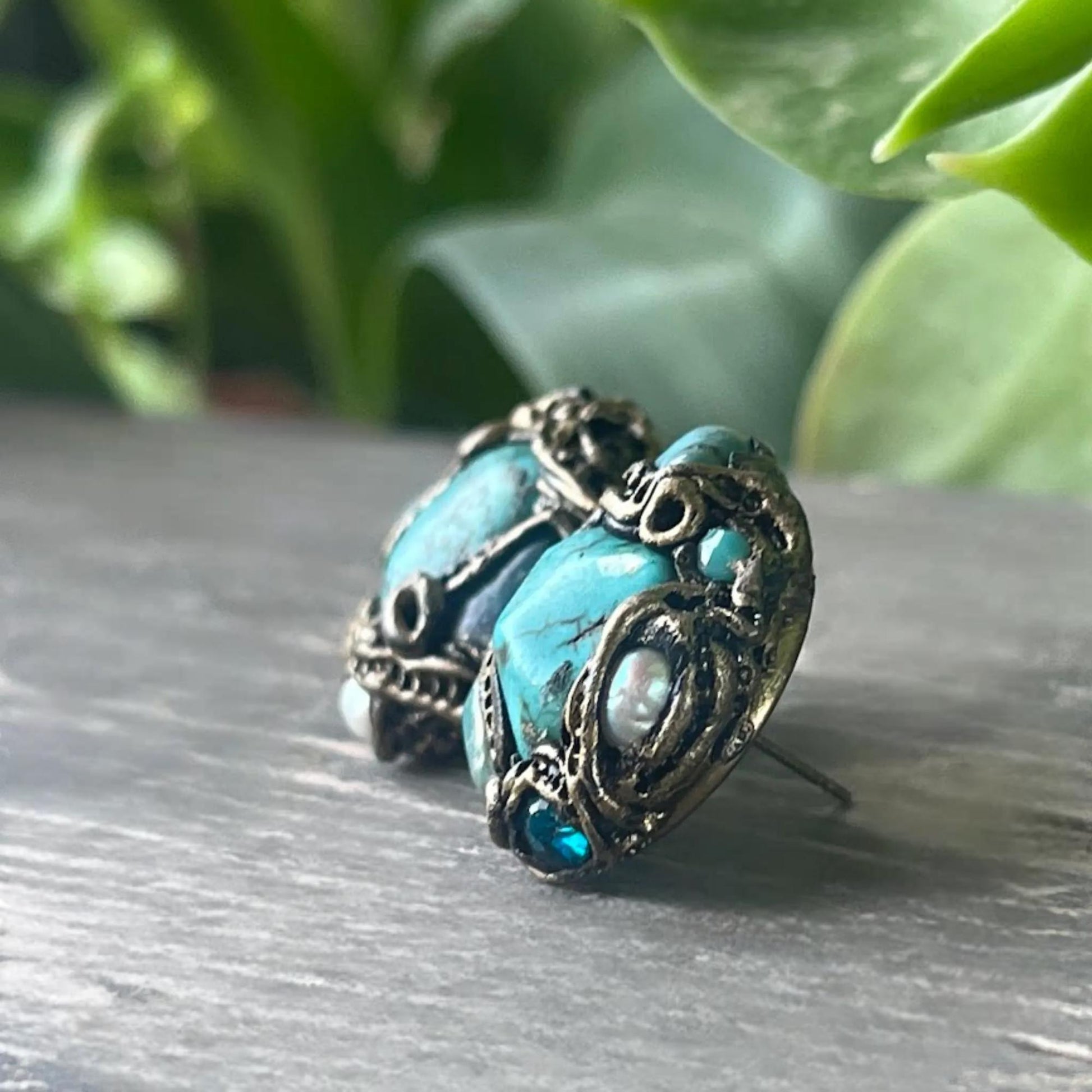 Turquoise and Amazonite Multi Stone Earrings -  Blue Green Statement Stud Earrings