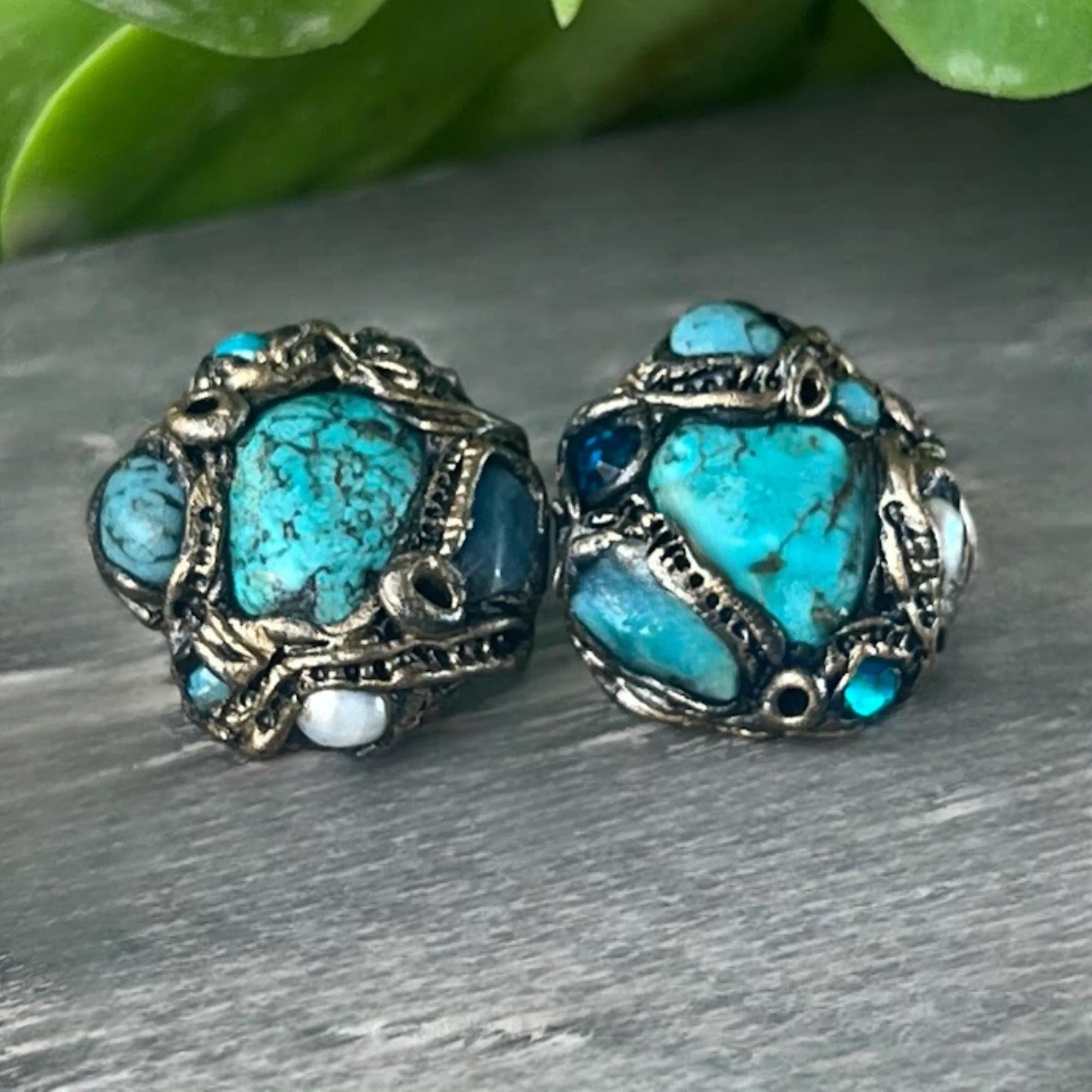 Turquoise & Amazonite Multi Stone Earrings – Blue Green Statement Stud Earrings