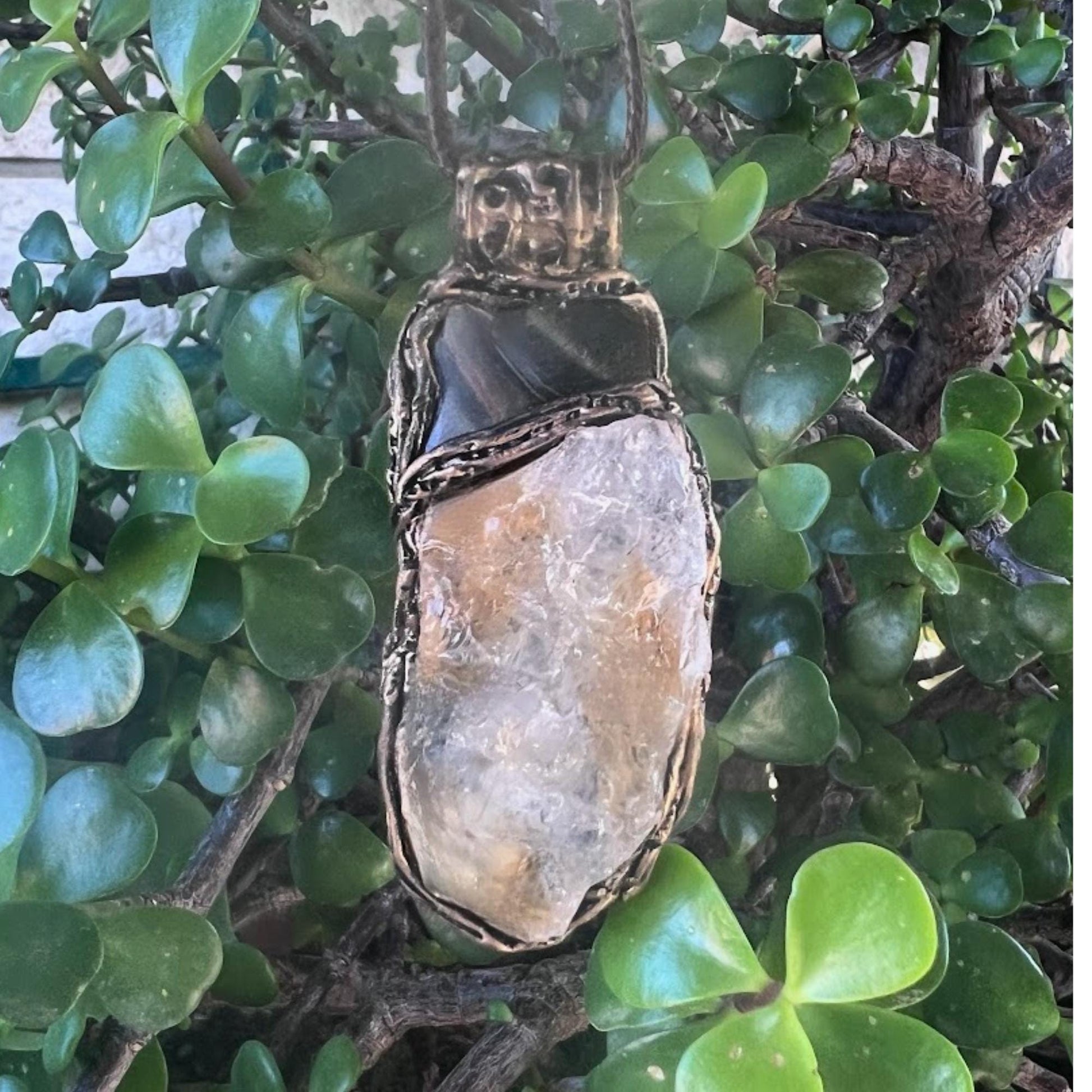 Crystal Pendant Necklace with Citrine Tigers Eye - Handmade Amulet Jewelry