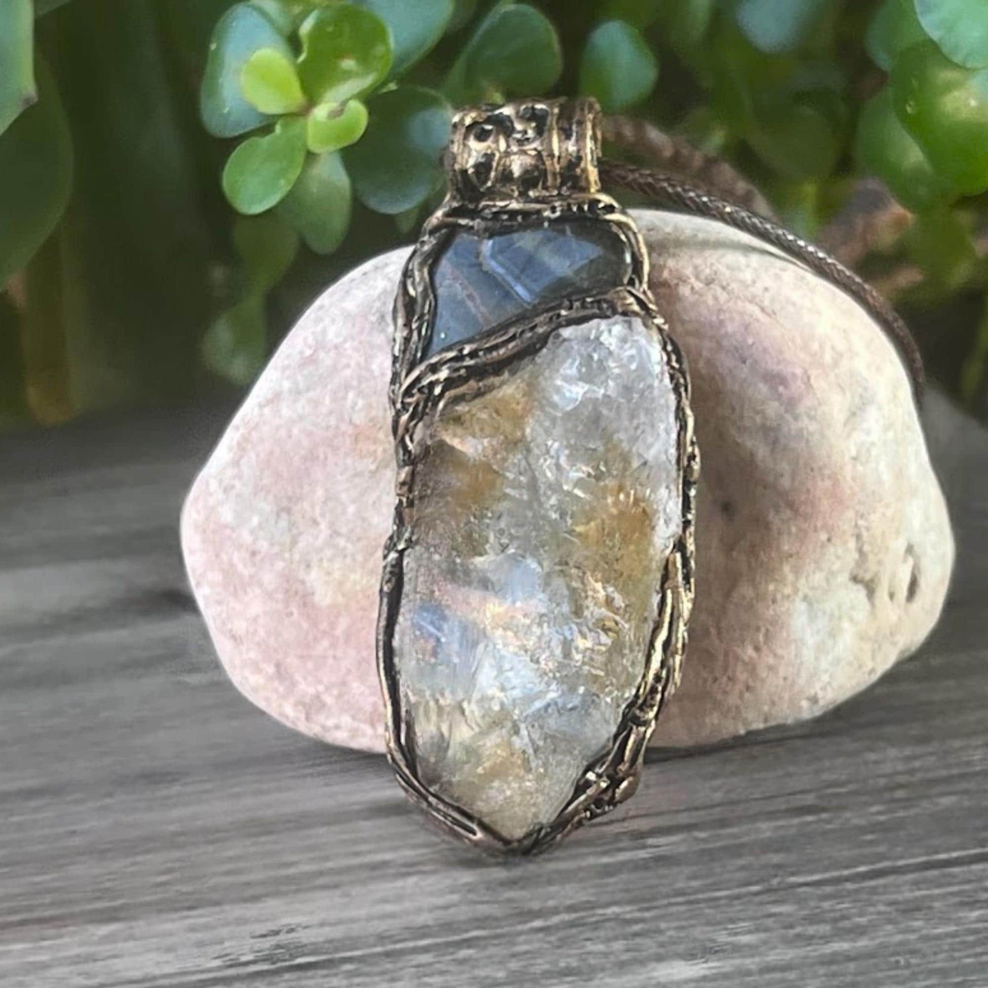 Crystal Pendant Necklace with Citrine Tigers Eye - Handmade Amulet Jewelry