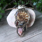 Ammonite Fossil, Carnelian & Sunstone Crystal Pendant - Vitality Talisman