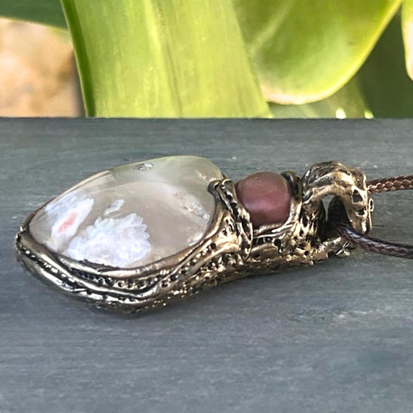 Flower Agate and Cherry Quartz Heart Pendant -  Healing Crystal Amulet Necklace