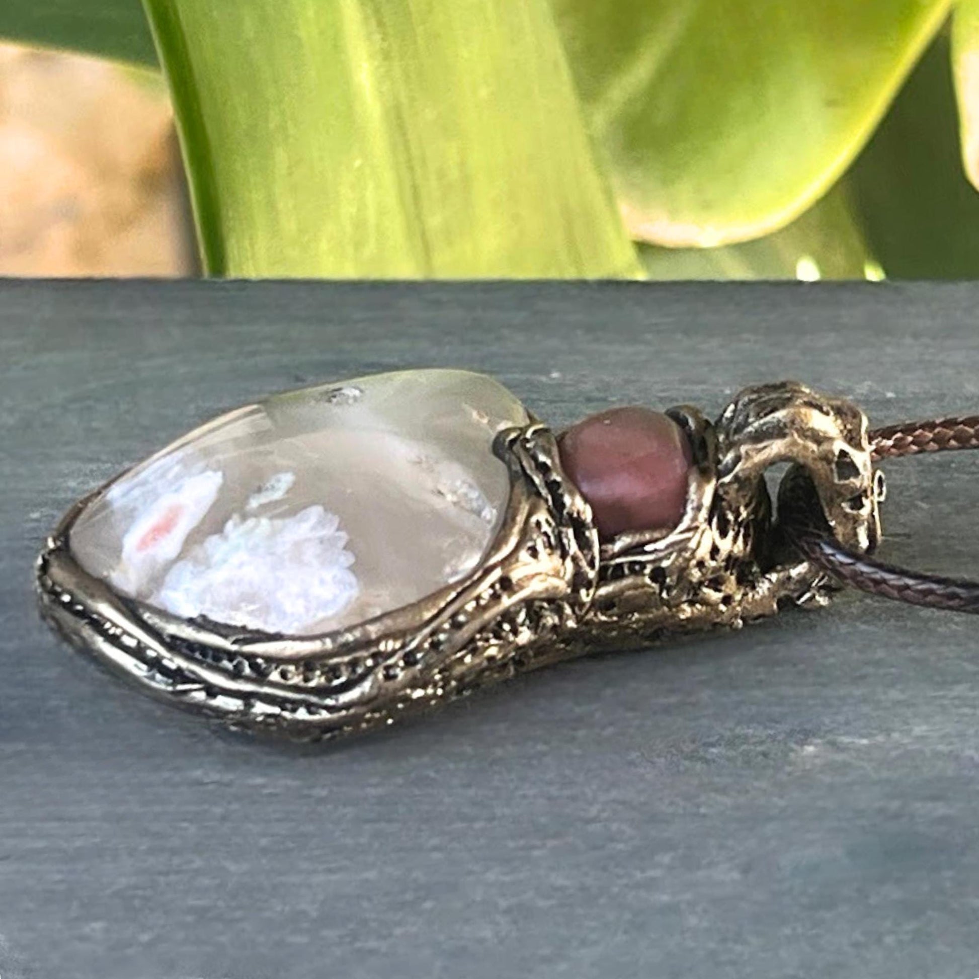 Flower Agate and Cherry Quartz Heart Pendant -  Healing Crystal Amulet Necklace