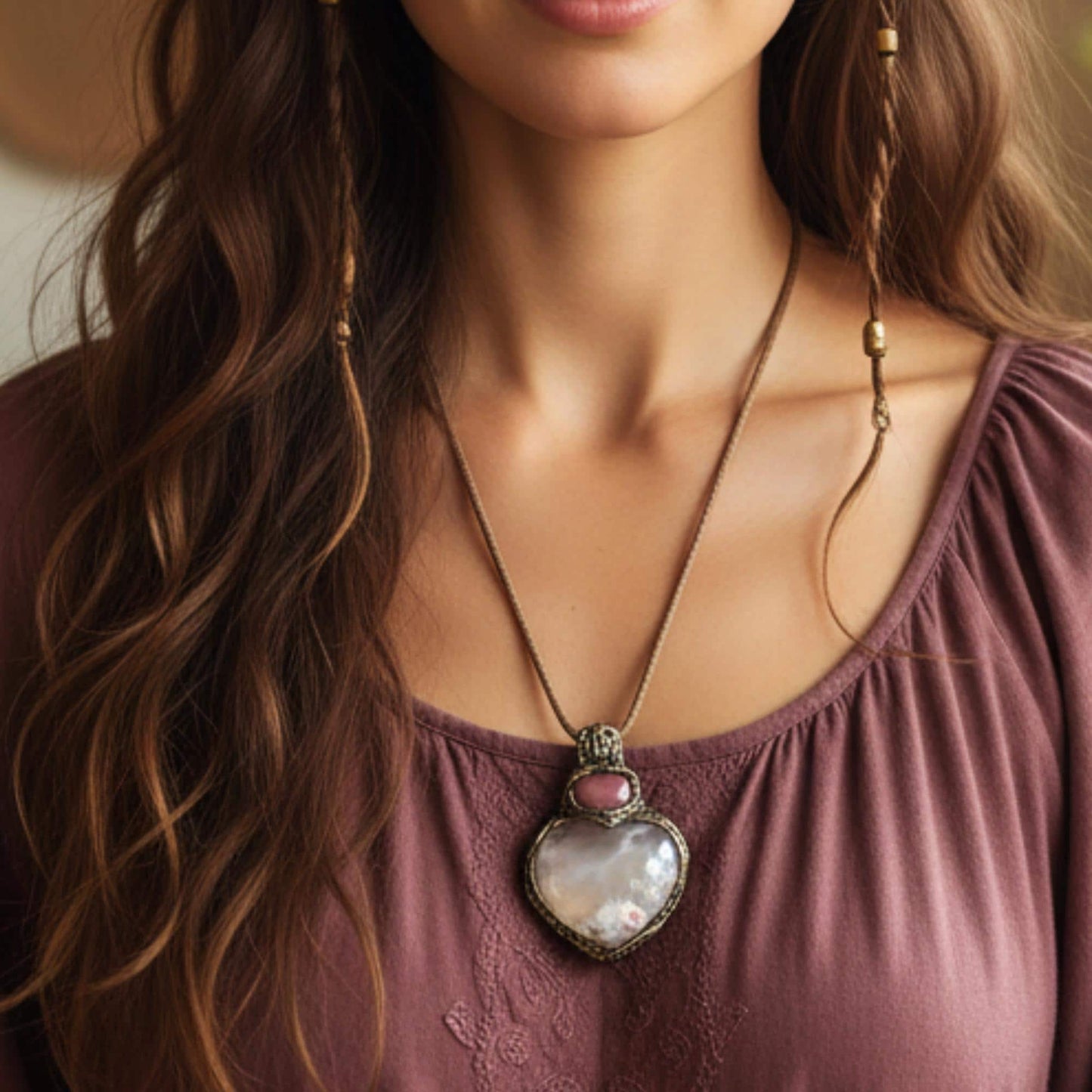 Flower Agate and Cherry Quartz Heart Pendant -  Healing Crystal Amulet Necklace