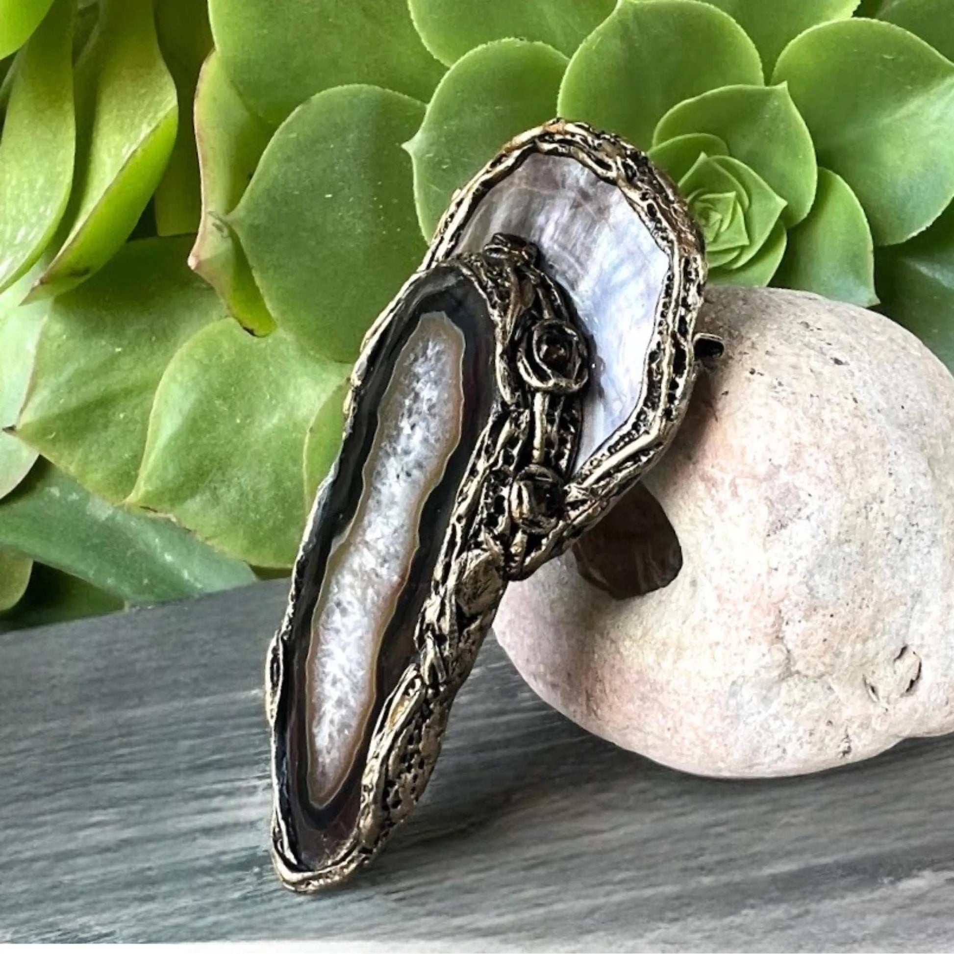Extra Large Brooch with Agate and Mother of Pearl | Statement Modern Contemporary Jewelry
