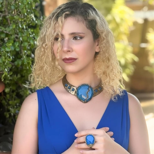 Blue Stone Choker Necklace -  Chunky Statement Collar Jewelry