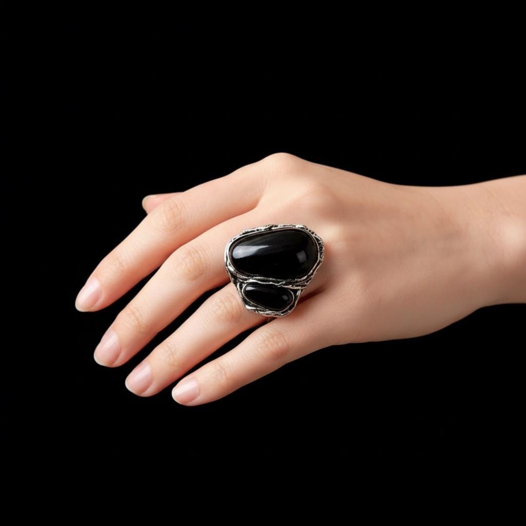 Chunky Black Obsidian Hematite Ring: Adjustable Empath Protection Jewelry