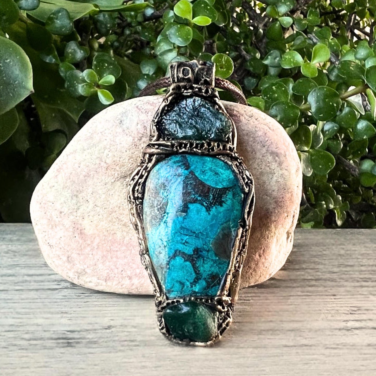 Raw Emerald and Chrysocolla Pendant Necklace -  Healing Crystal Amulet