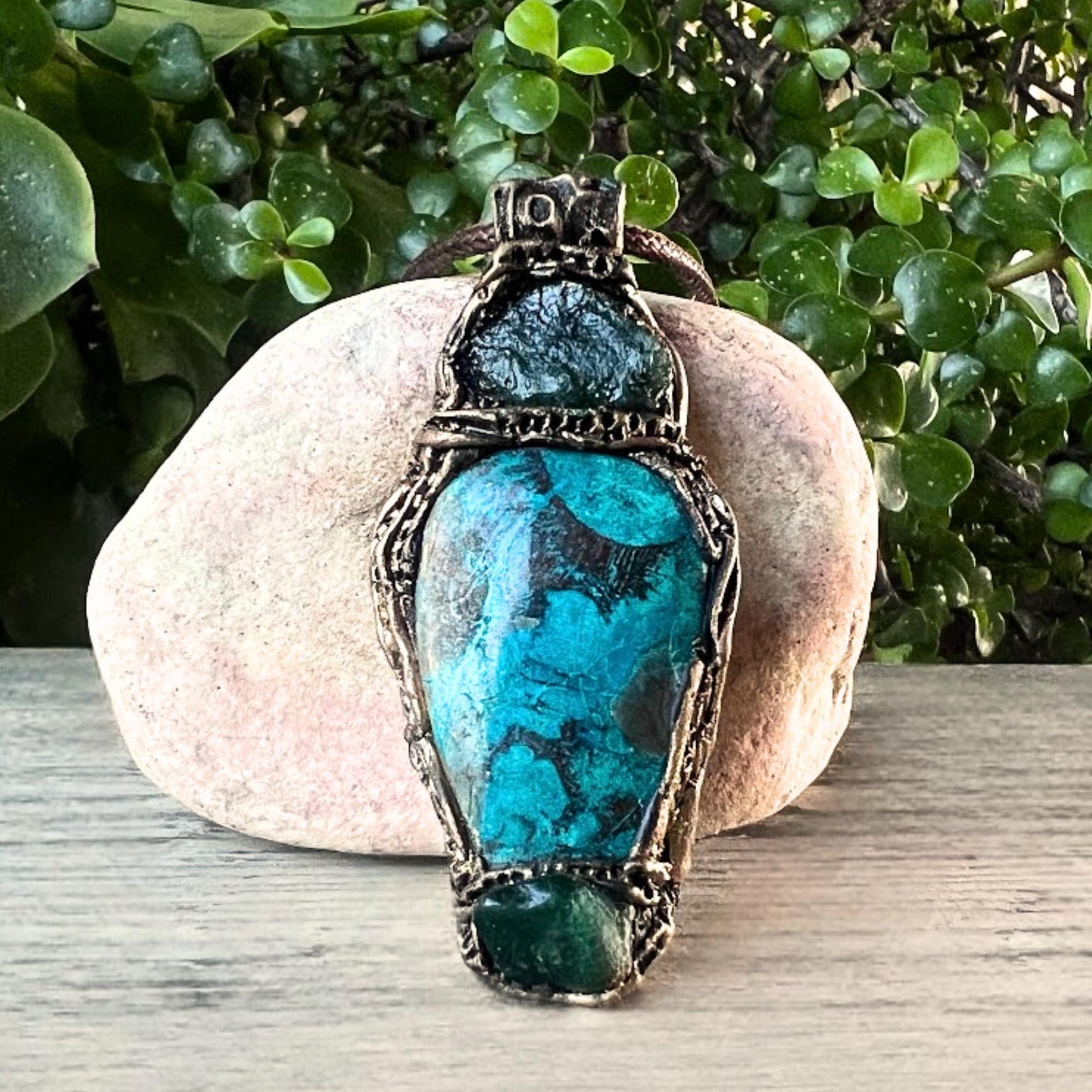 Raw Emerald and Chrysocolla Pendant Necklace -  Healing Crystal Amulet