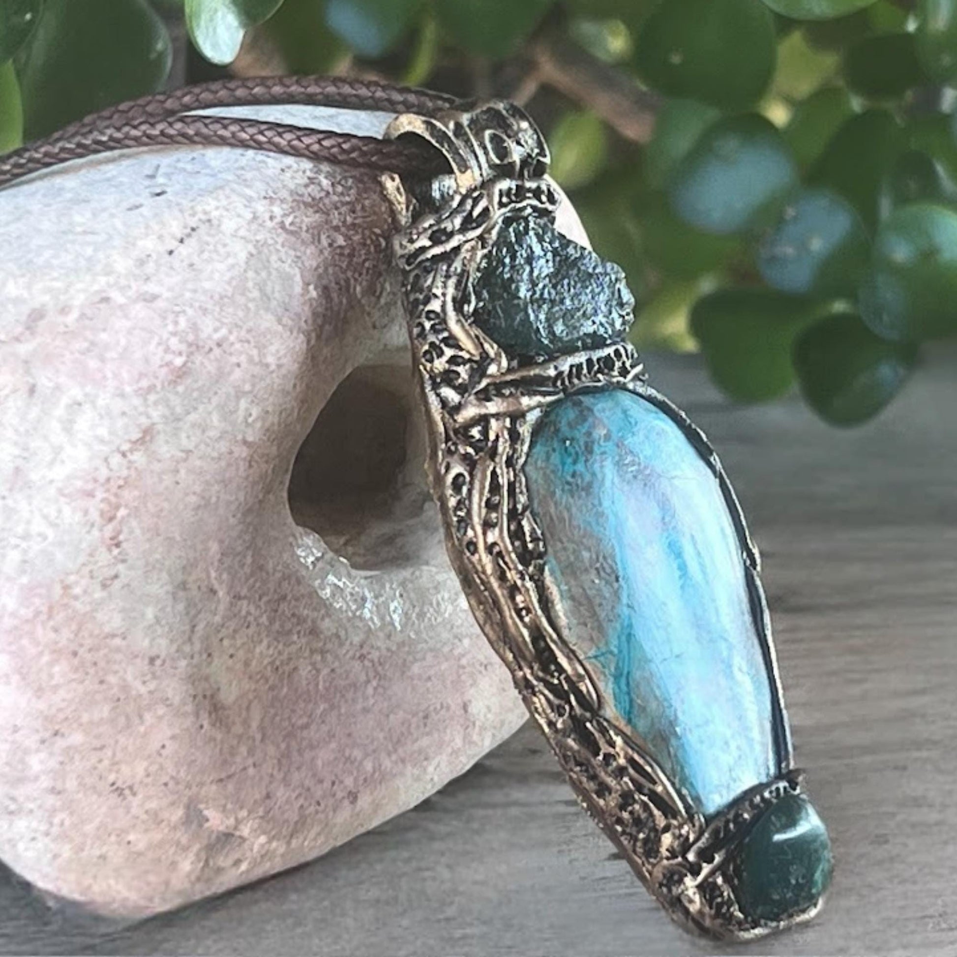 Raw Emerald and Chrysocolla Pendant Necklace -  Healing Crystal Amulet