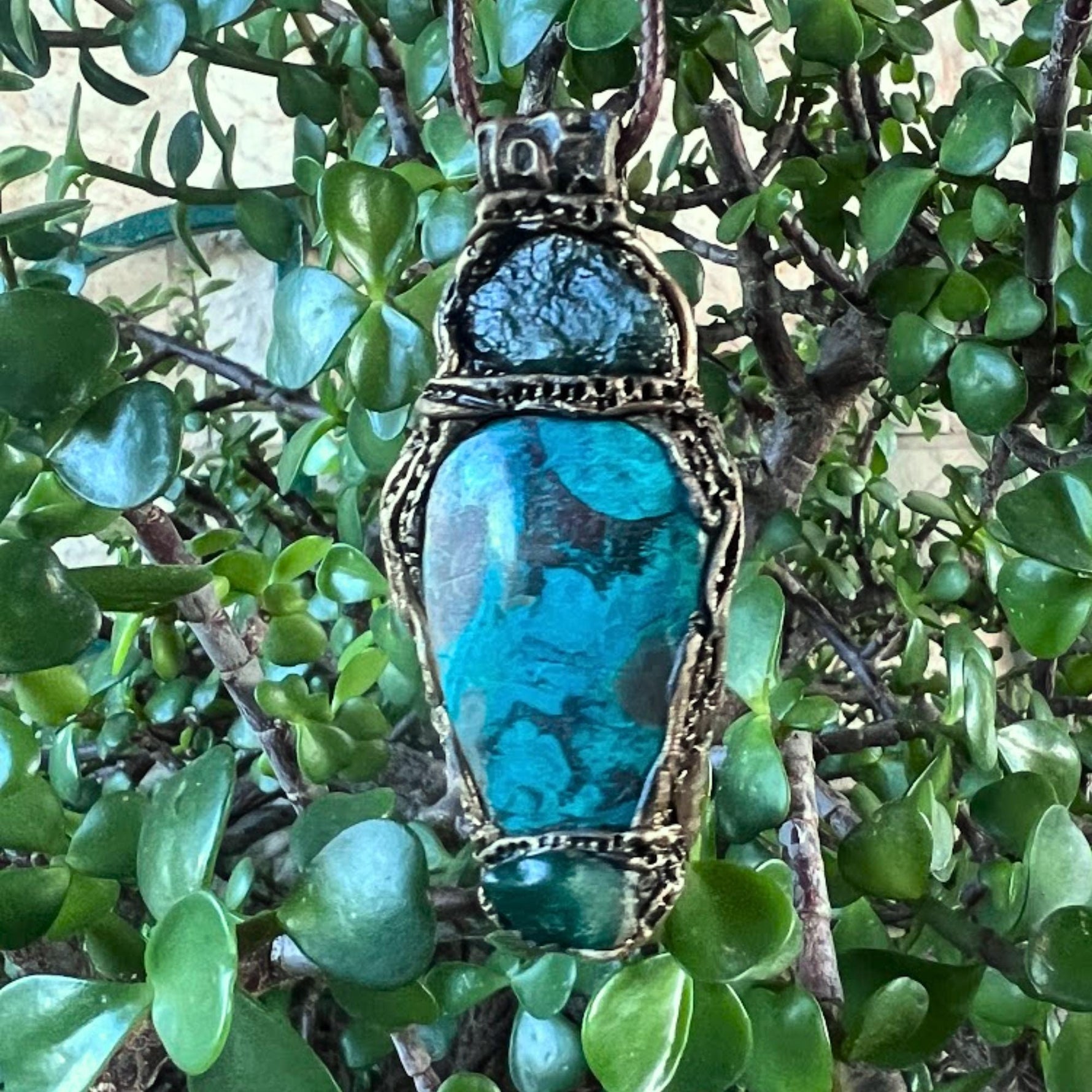 Raw Emerald and Chrysocolla Pendant Necklace -  Healing Crystal Amulet