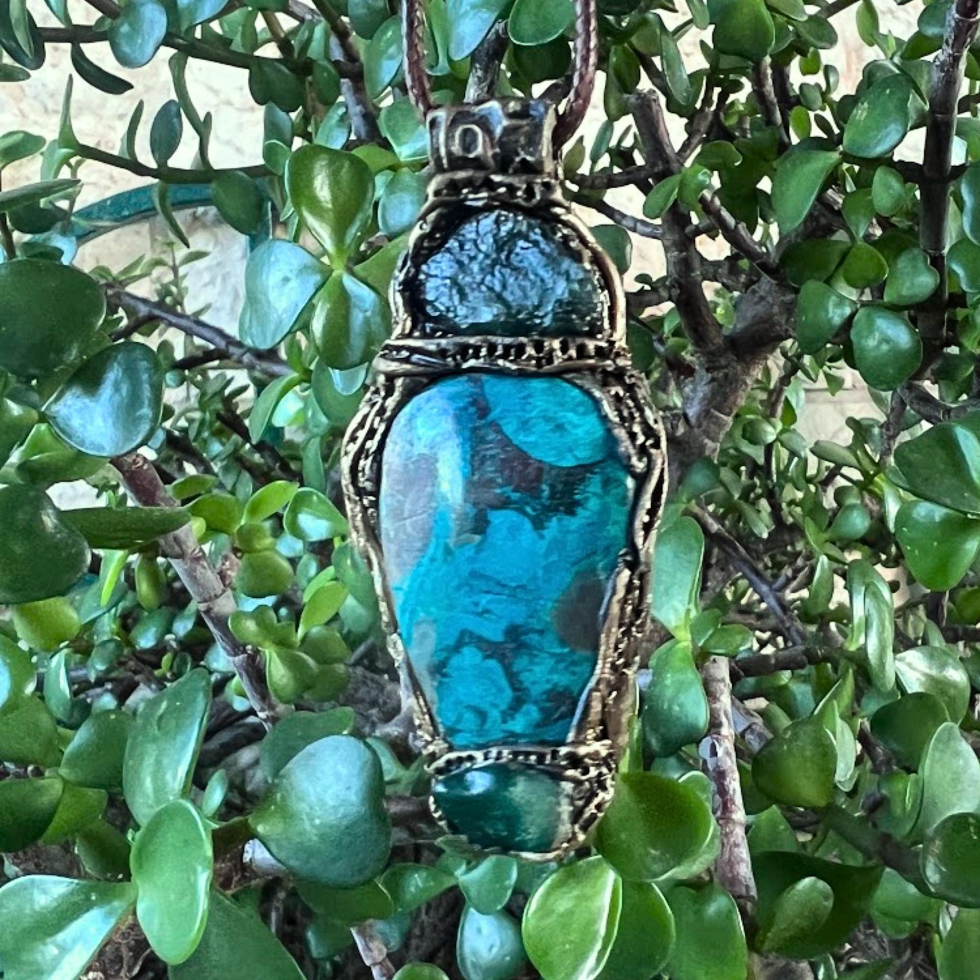 Raw Emerald and Chrysocolla Pendant Necklace -  Healing Crystal Amulet
