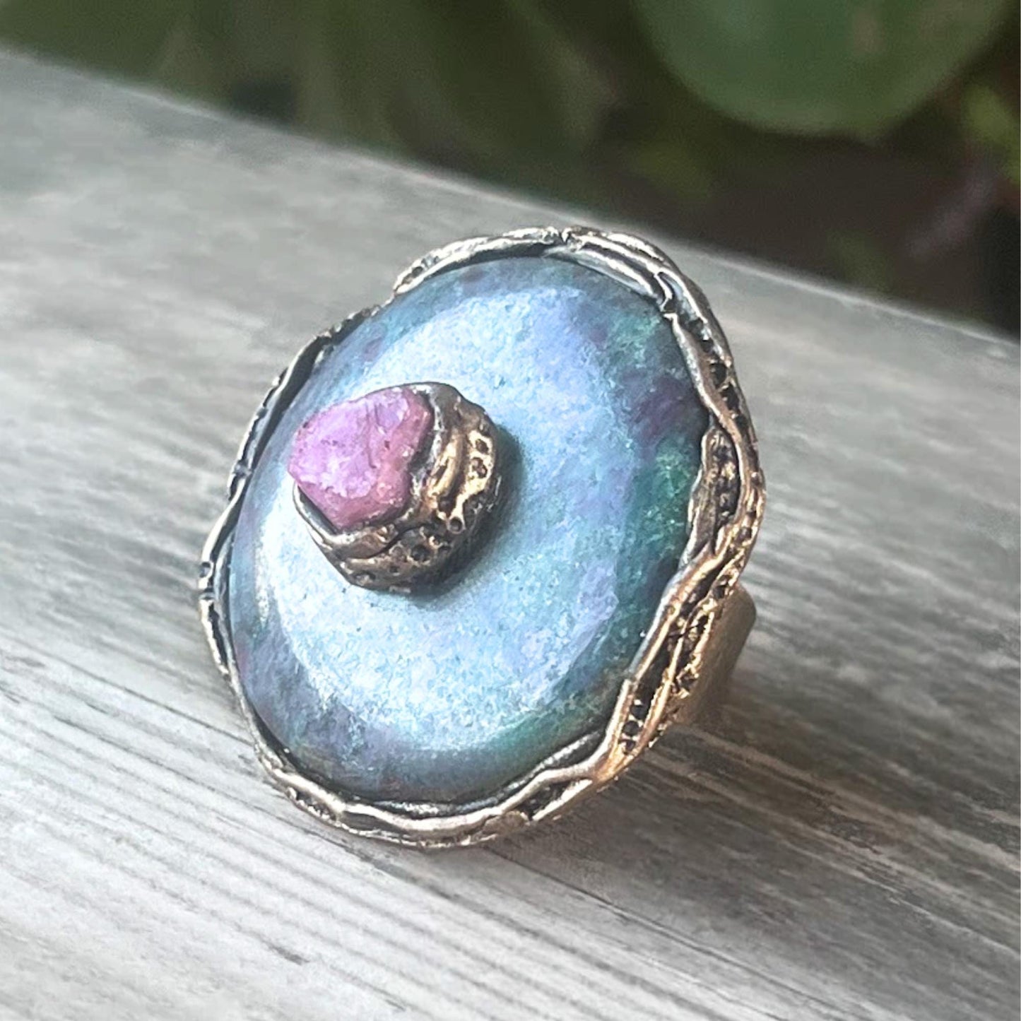 Chunky Raw Ruby Kyanite Statement Ring | Oversized Round Cocktail Ring
