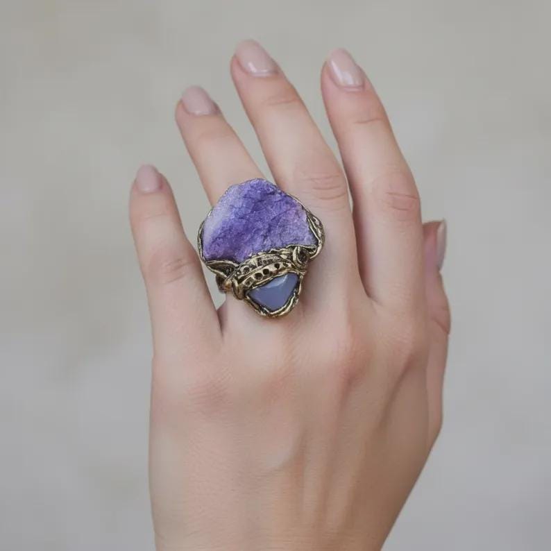 Purple Gemstone Bracelet: Raw Crystal Wide Cuff with Quartz Agate and Chalcedony