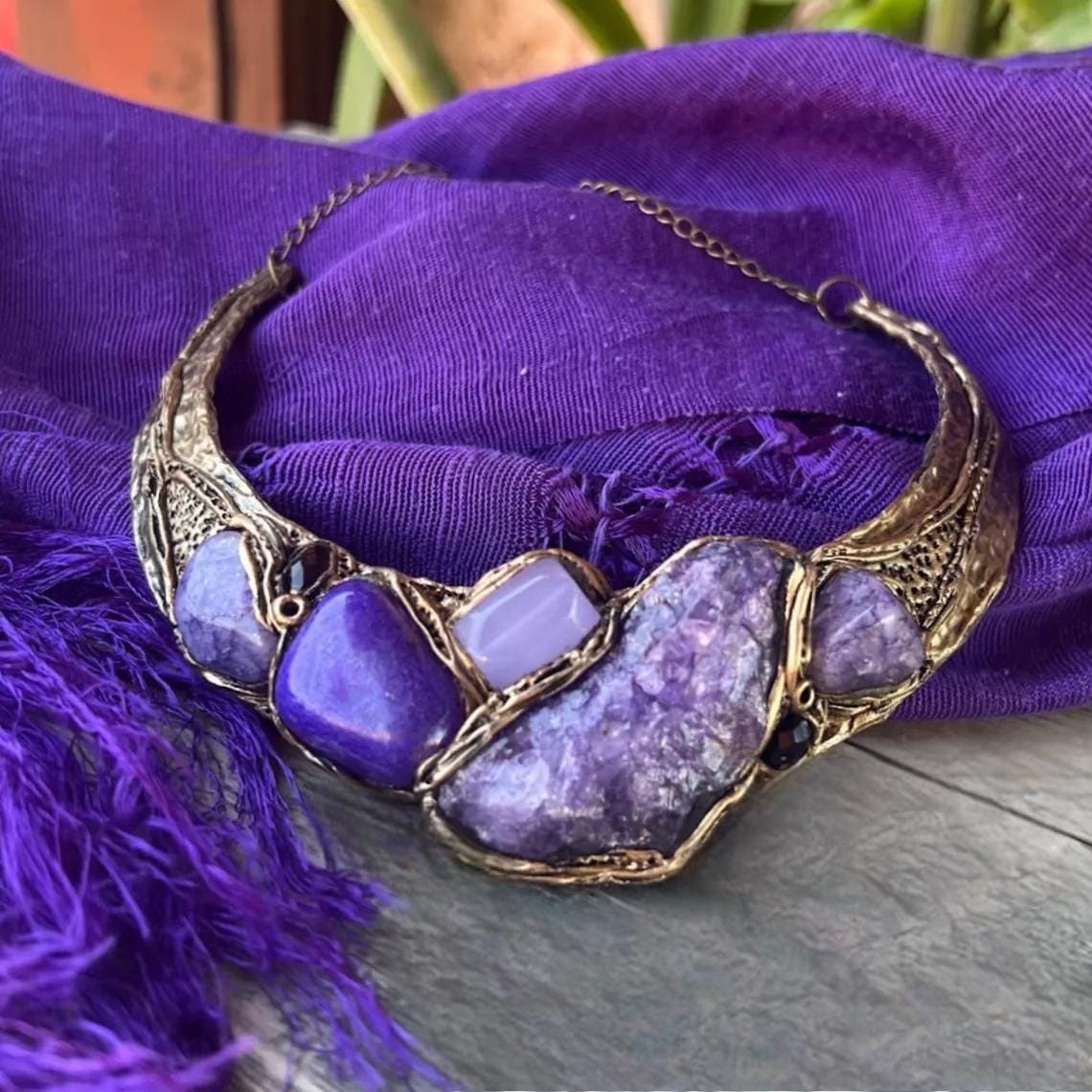 Purple Gemstone Choker Necklace- Calcite Agate and Chalcedony Collar