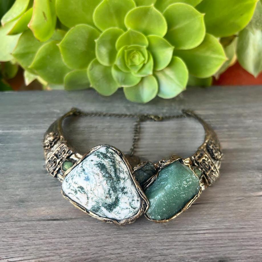 Aventurine and Tree Agate Statement Choker - Chunky Green Stone Necklace