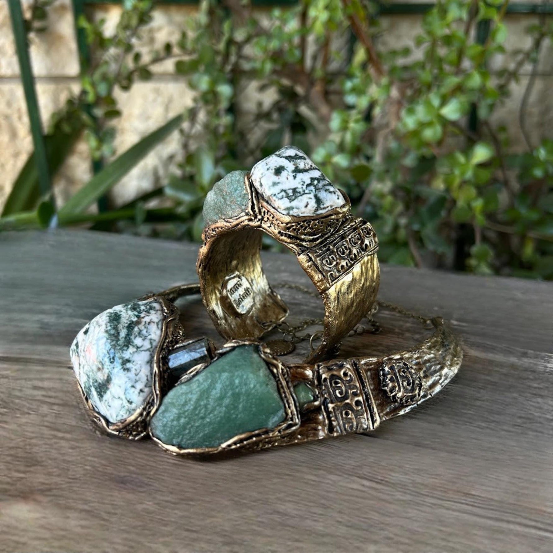 Aventurine and Tree Agate Statement Choker - Chunky Green Stone Necklace