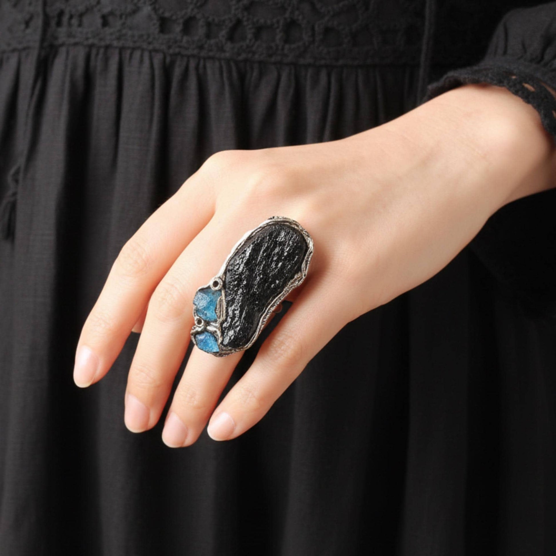 Meteorite Tektite and Apatite Raw Stone Full Finger Ring