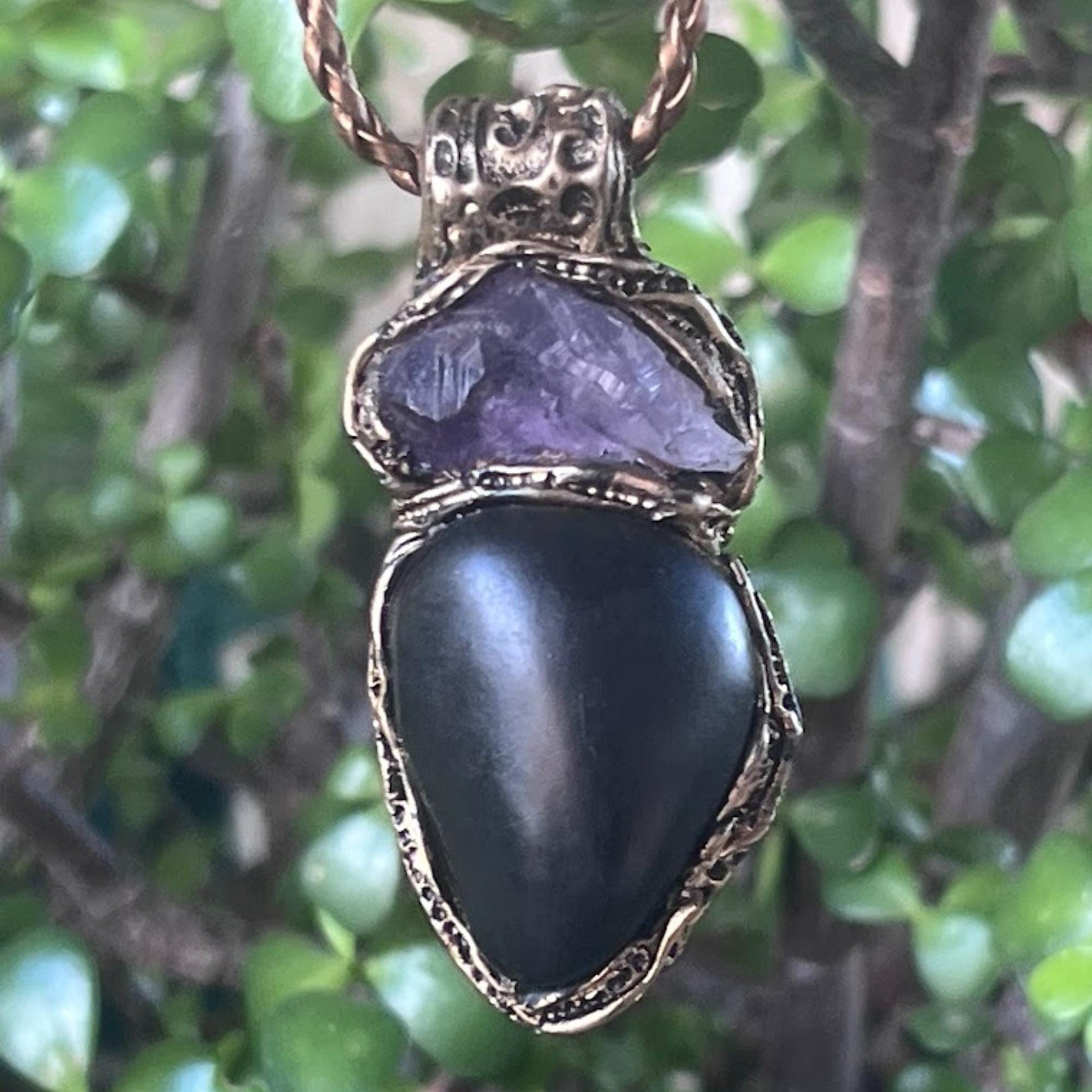 Shungite Raw Amethyst Pendant Necklace -  Empath Protection Amulet