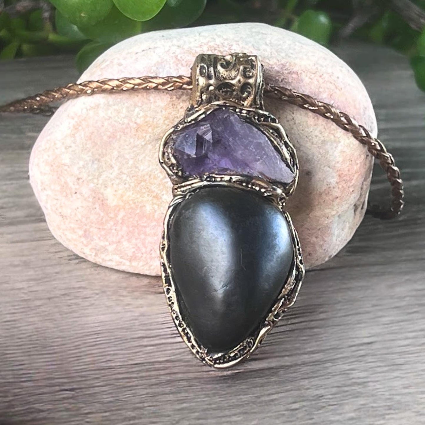 Shungite Raw Amethyst Pendant Necklace -  Empath Protection Amulet