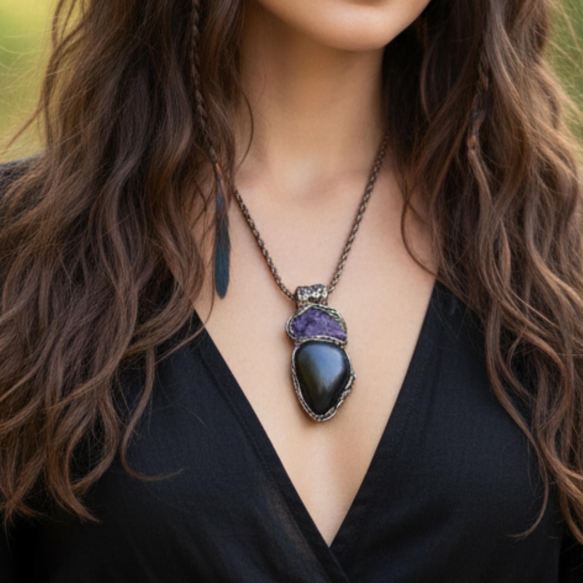 Shungite Raw Amethyst Pendant Necklace -  Empath Protection Amulet