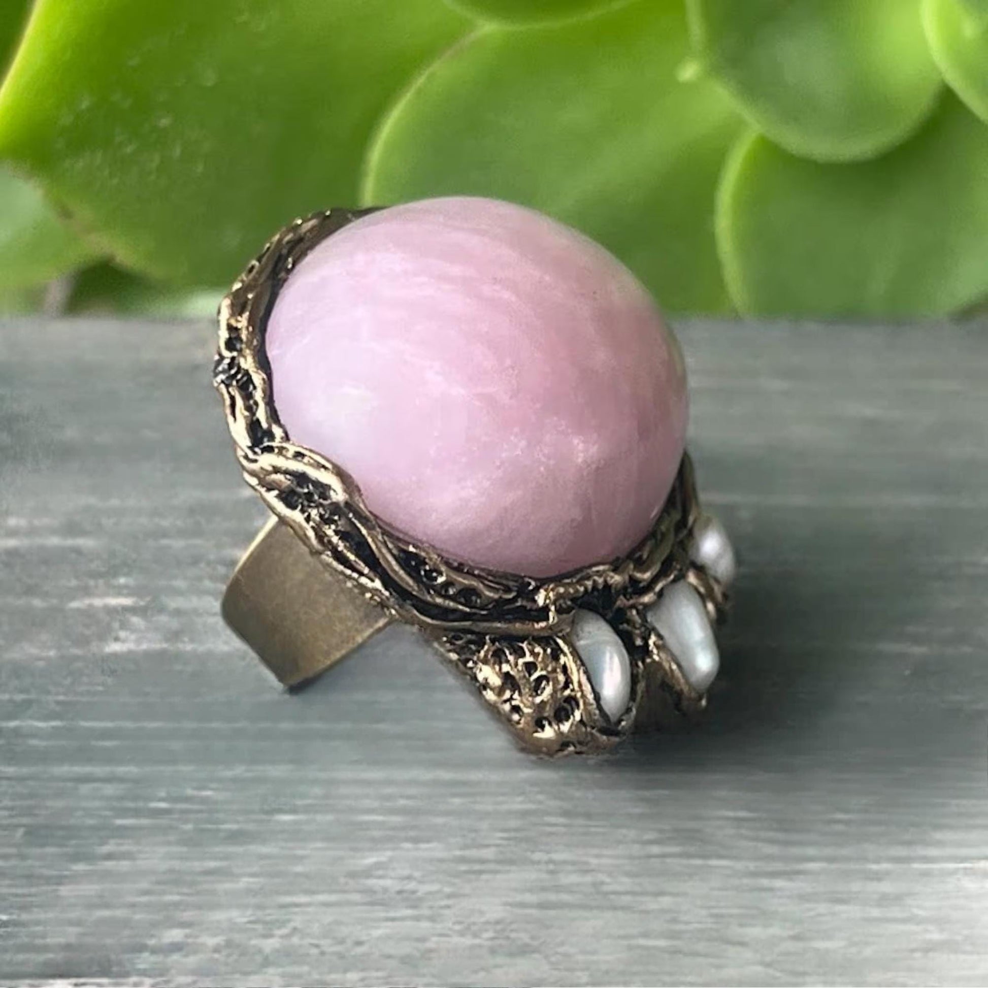 Rose Quartz Chunky Cocktail Ring with Pearls - Adjustable Boho Ring