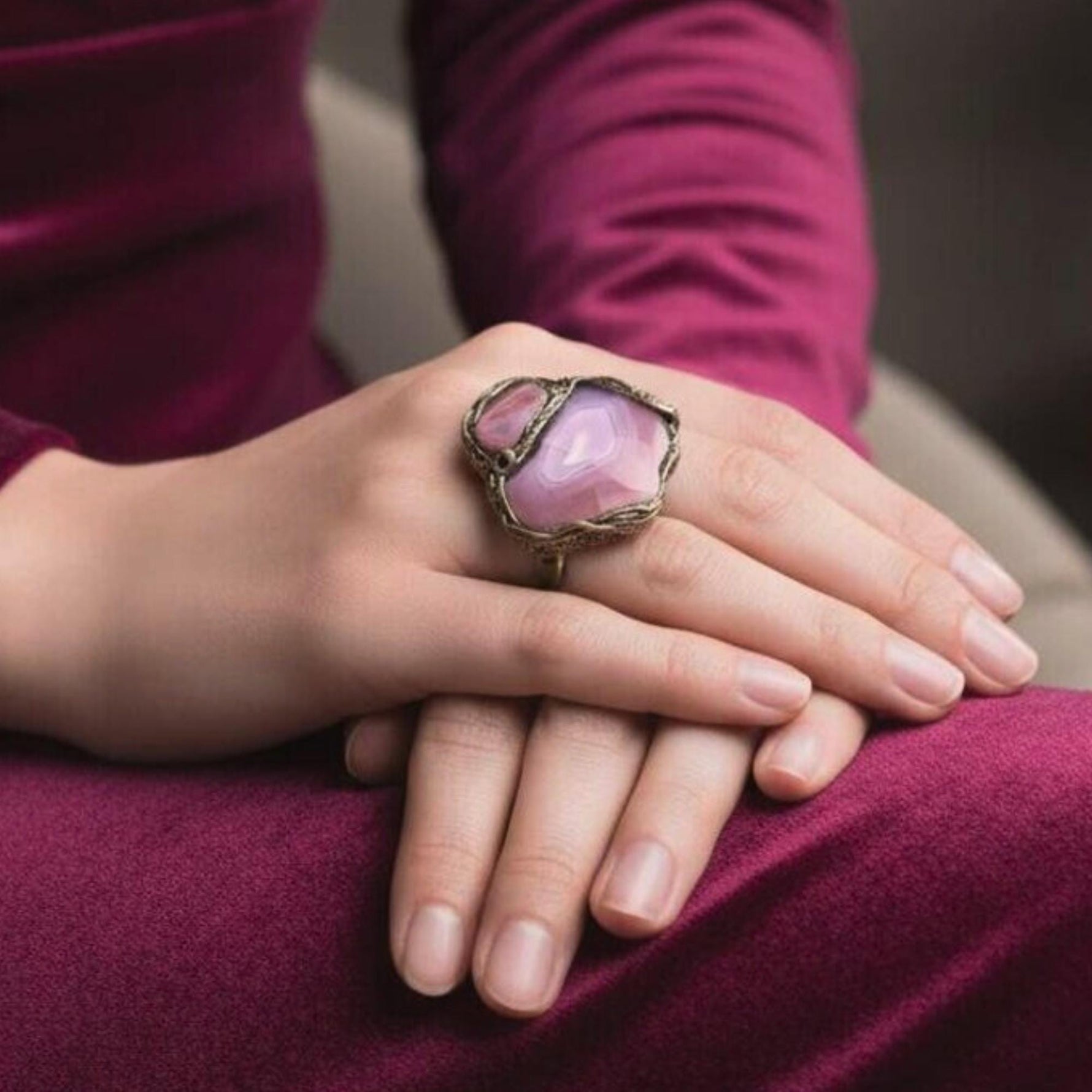 Chunky Crystal Agate Ring - Pink Gemstone Statement Jewelry