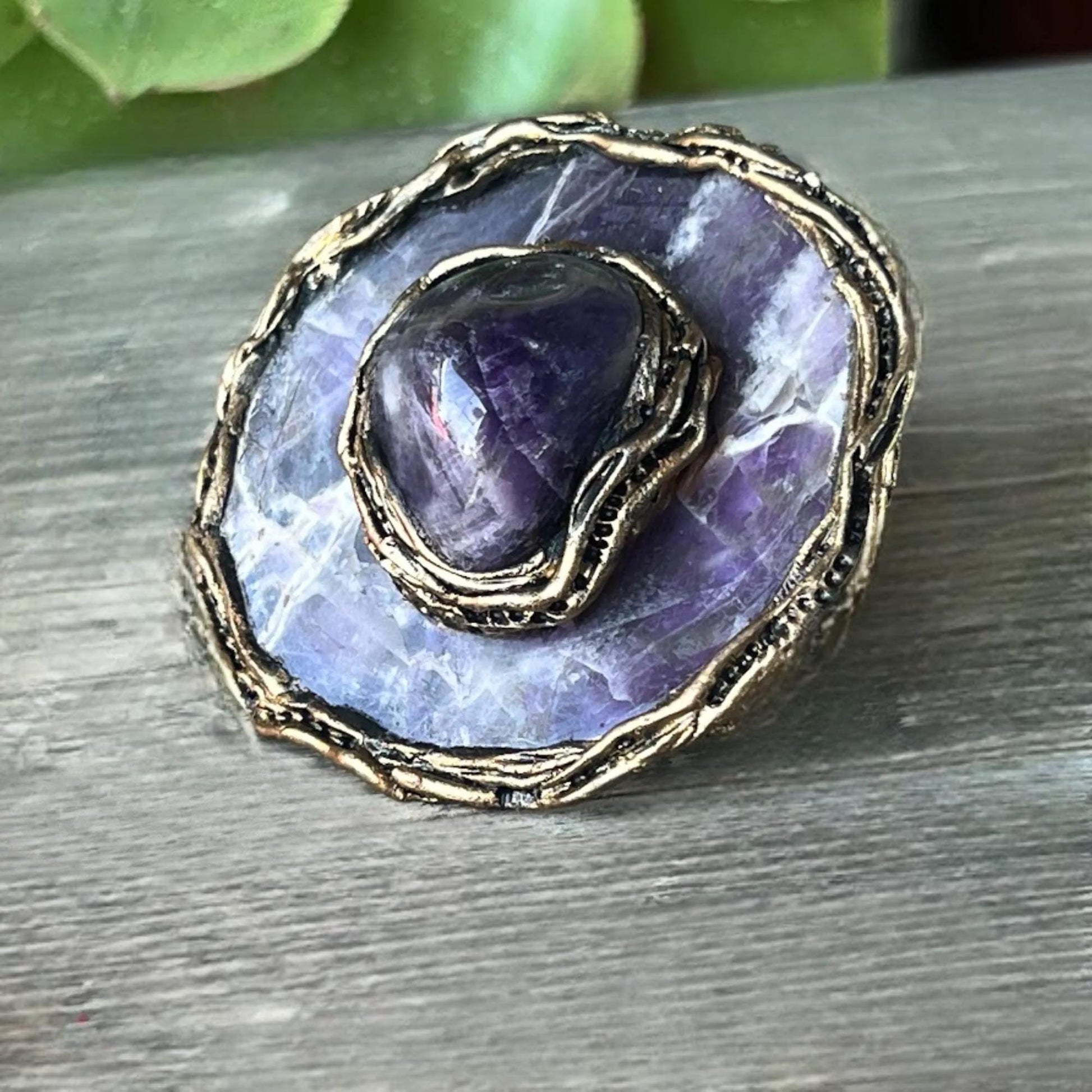 Chunky Chevron Amethyst Ring -  Oversized Round Purple Stone Cocktail Ring