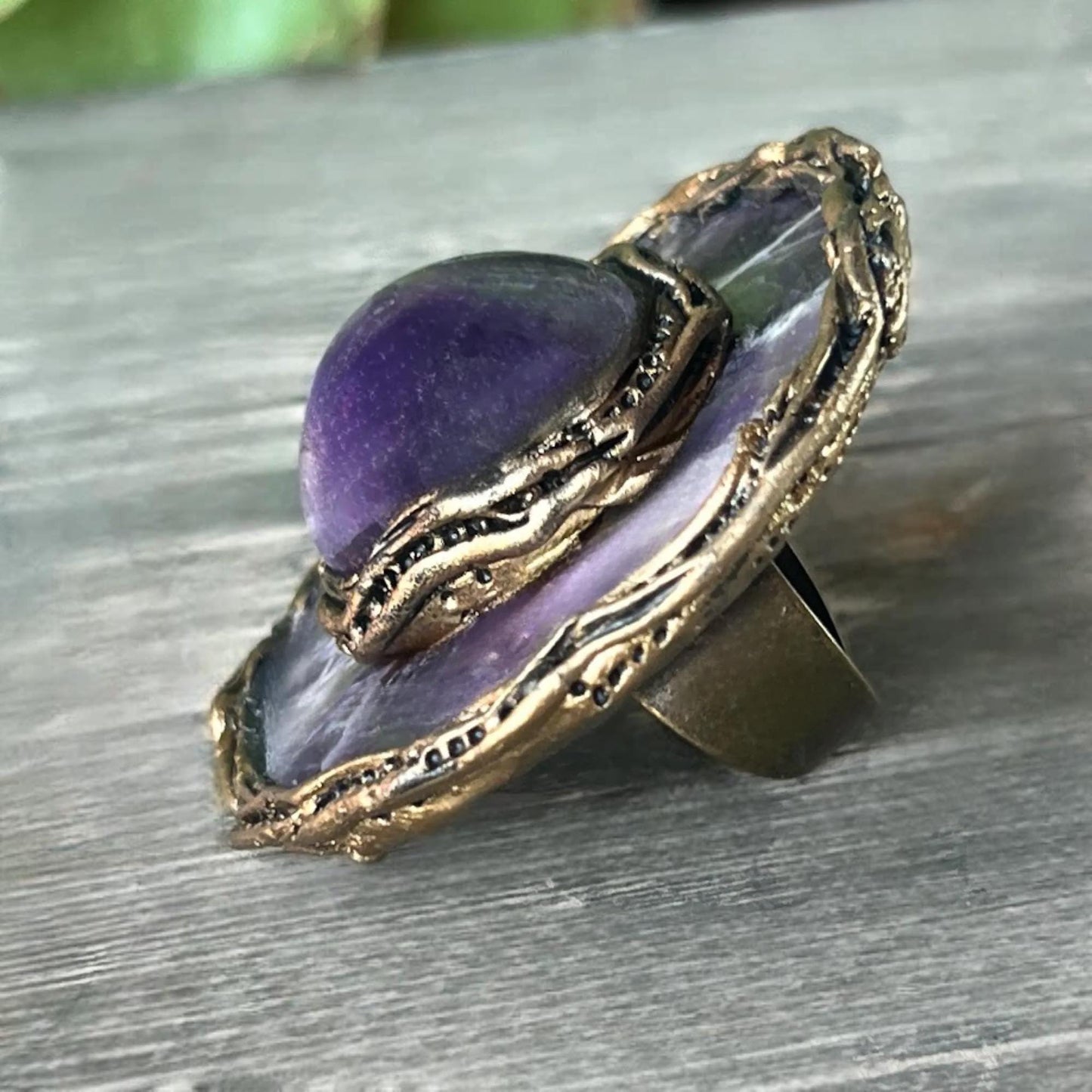 Chunky Chevron Amethyst Ring -  Oversized Round Purple Stone Cocktail Ring