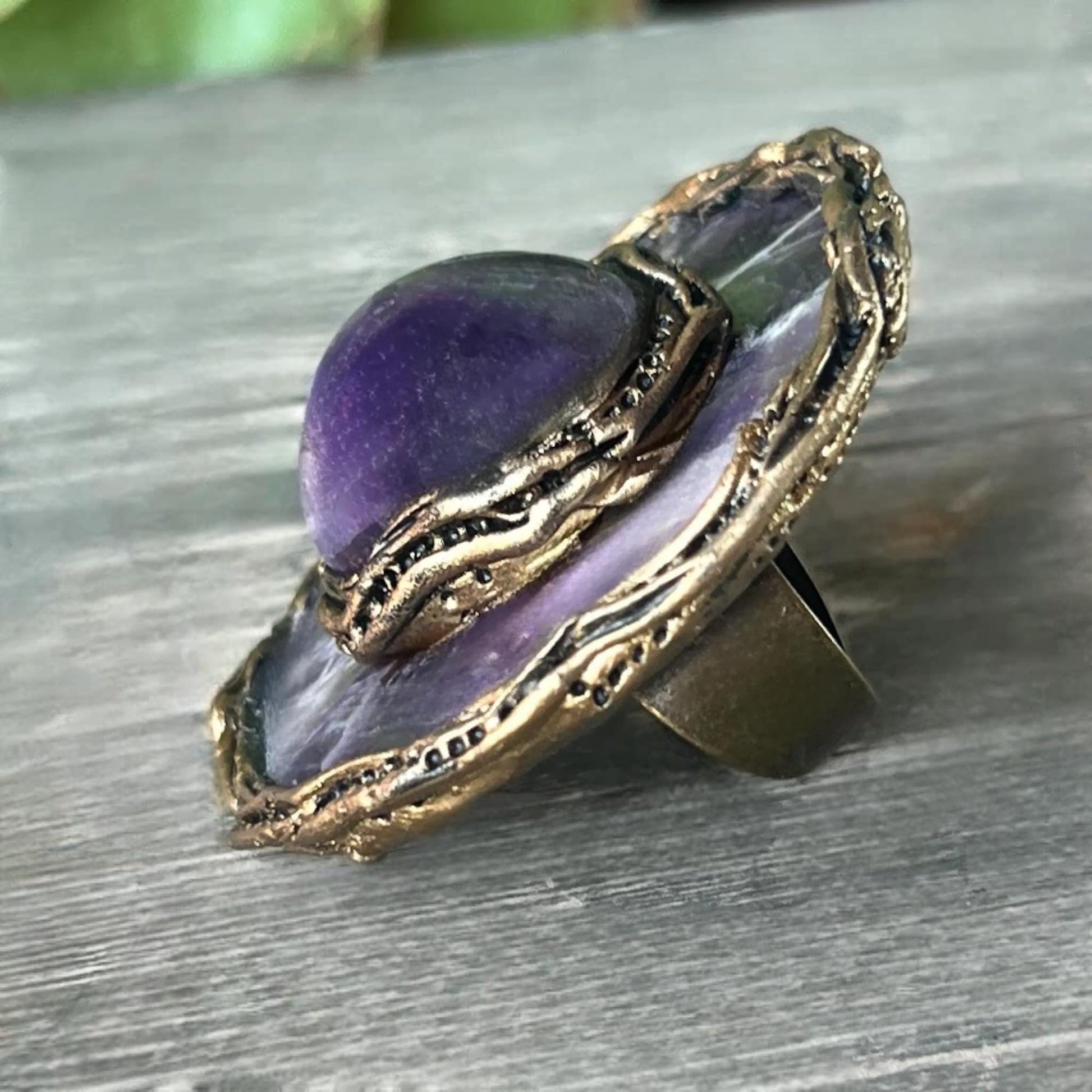 Chunky Chevron Amethyst Ring -  Oversized Round Purple Stone Cocktail Ring