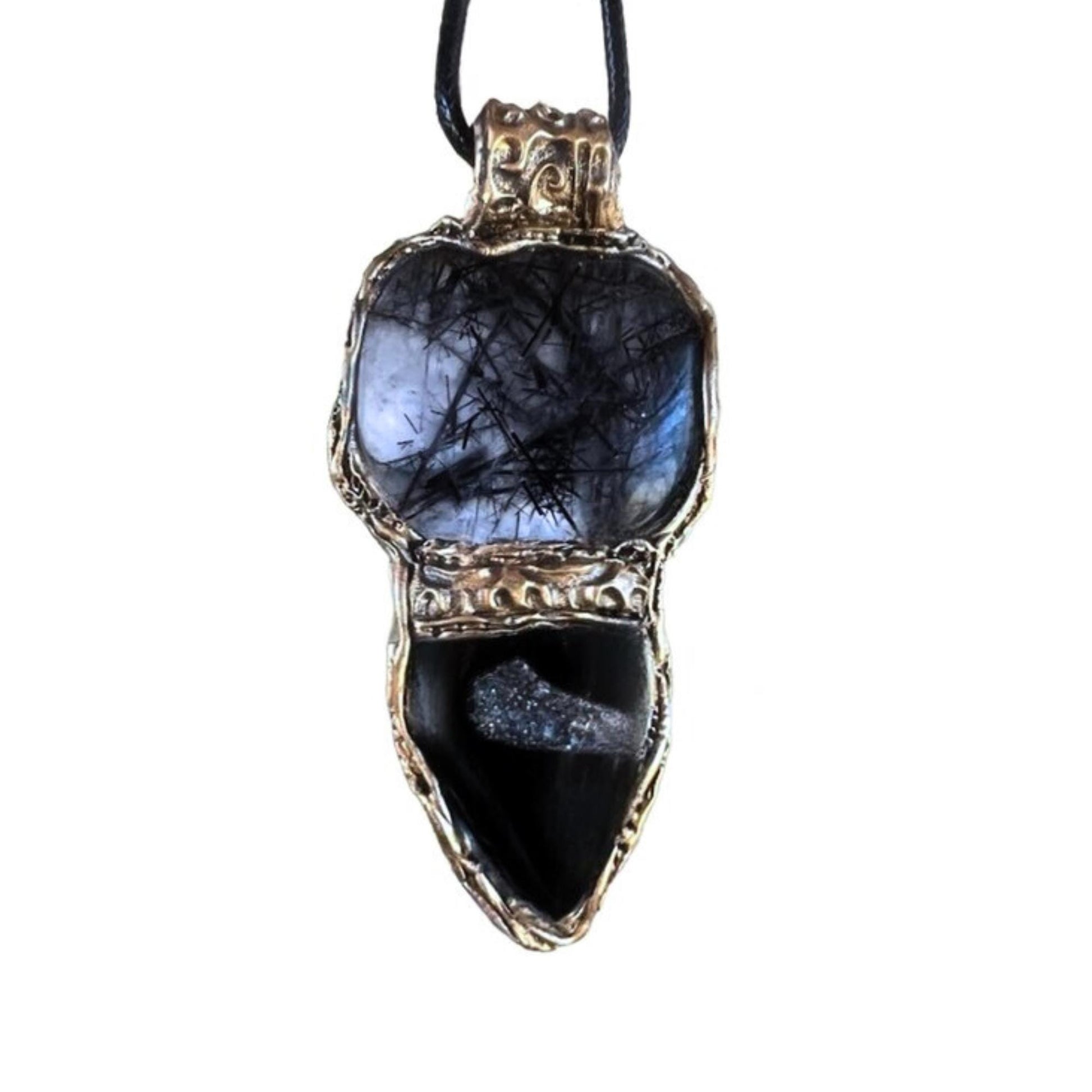 Empath Protection Crystal Pendant - Black Rutilated Tourmaline Quartz and Onyx Necklace
