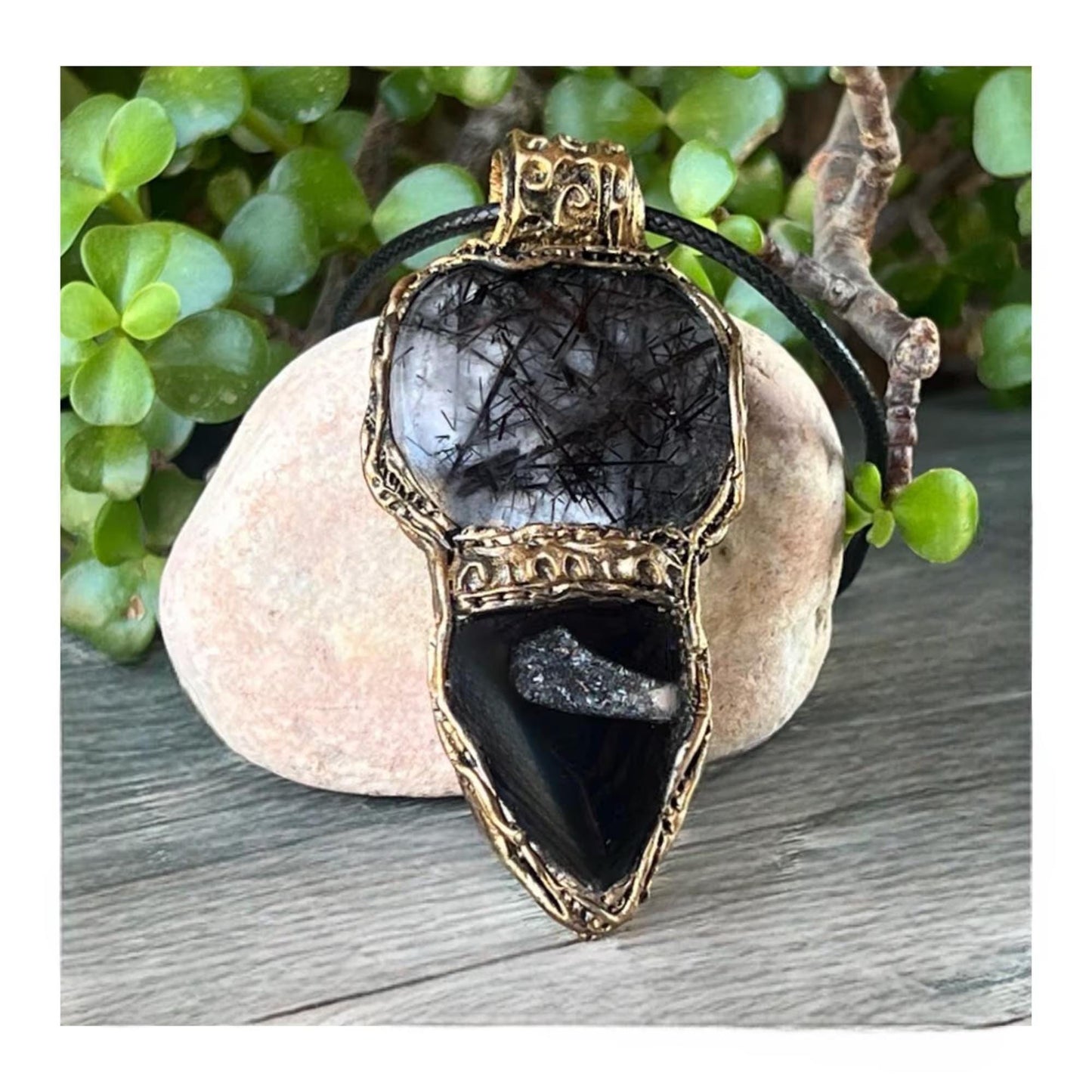 Empath Protection Crystal Pendant - Black Rutilated Tourmaline Quartz and Onyx Necklace