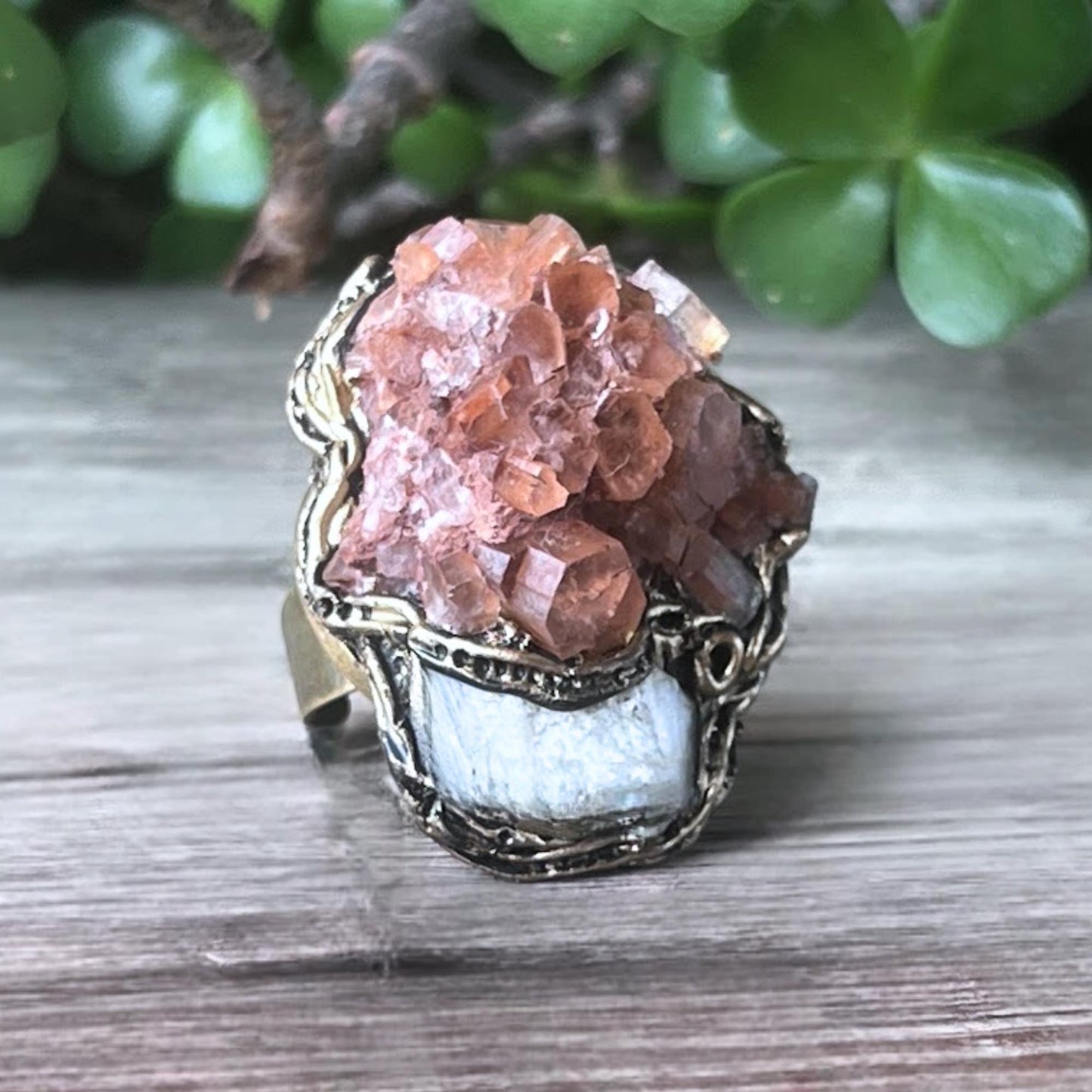 Large Aragonite and Moonstone Ring -  Chunky Raw Crystal Oversized Statement Ring