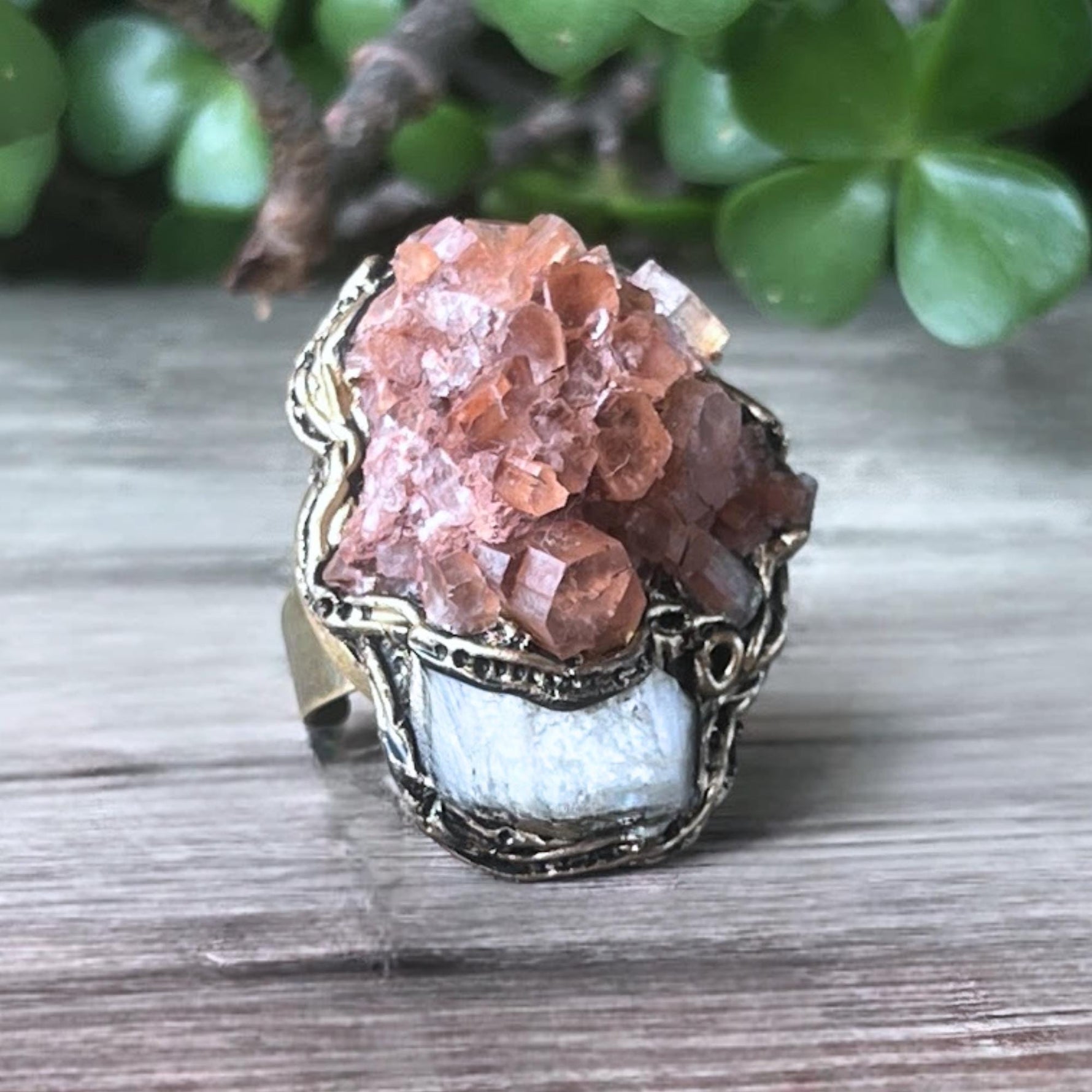 Large Aragonite and Moonstone Ring -  Chunky Raw Crystal Oversized Statement Ring