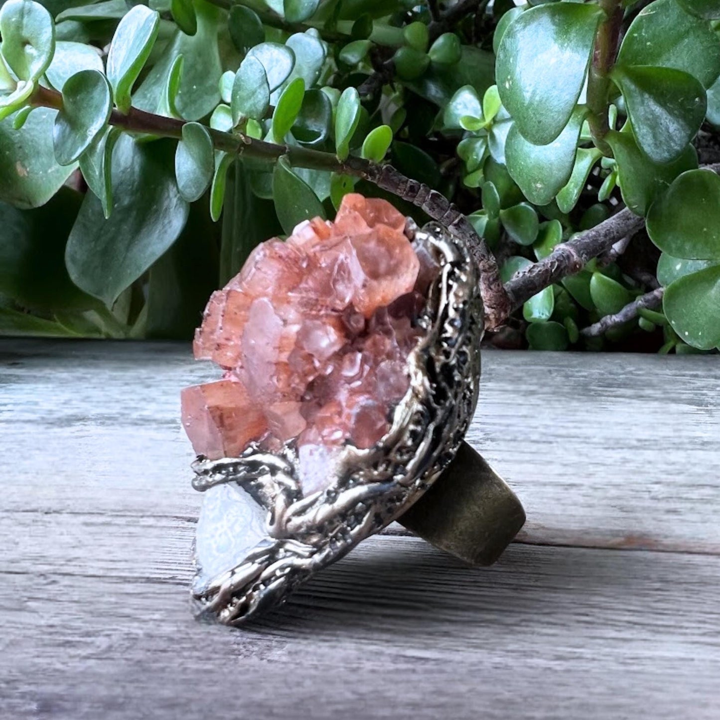 Large Aragonite and Moonstone Ring -  Chunky Raw Crystal Oversized Statement Ring