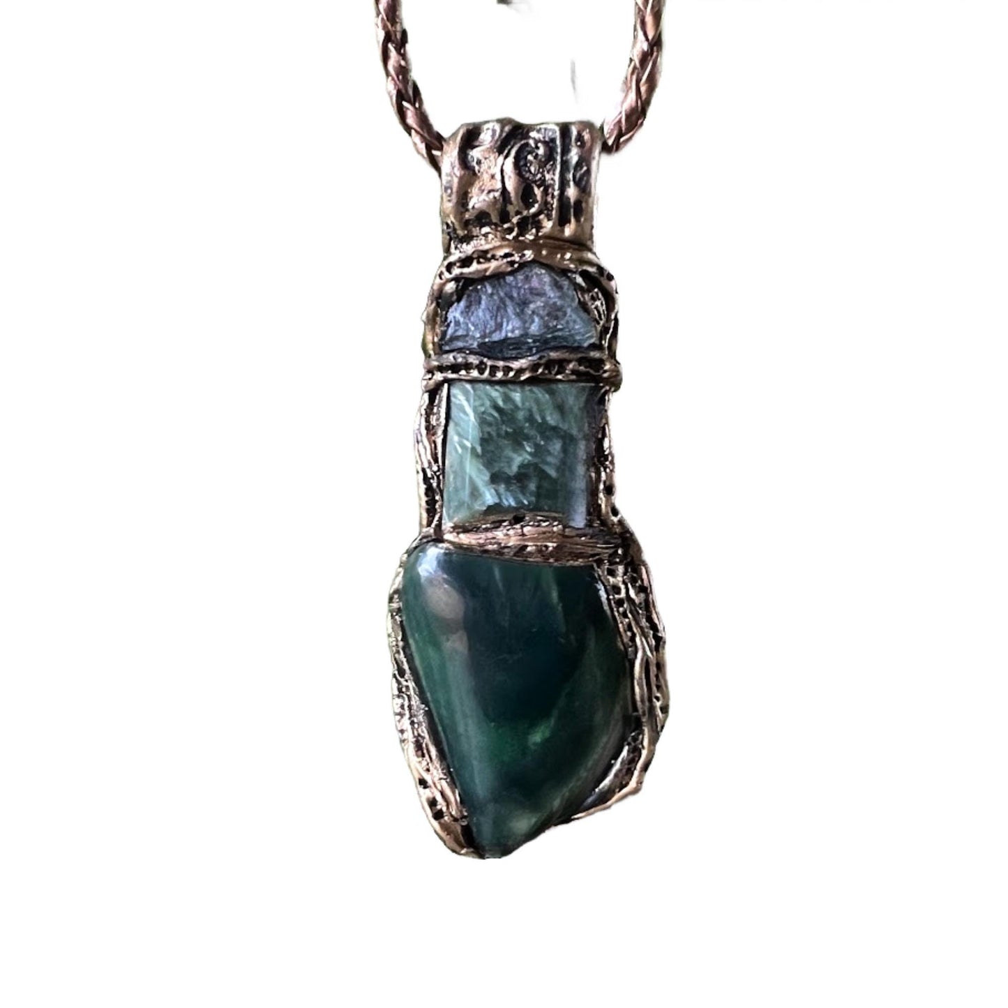 Seraphinite Amulet Pendant Necklace with Jade and Apatite - Green Healing Spiritual Jewelry
