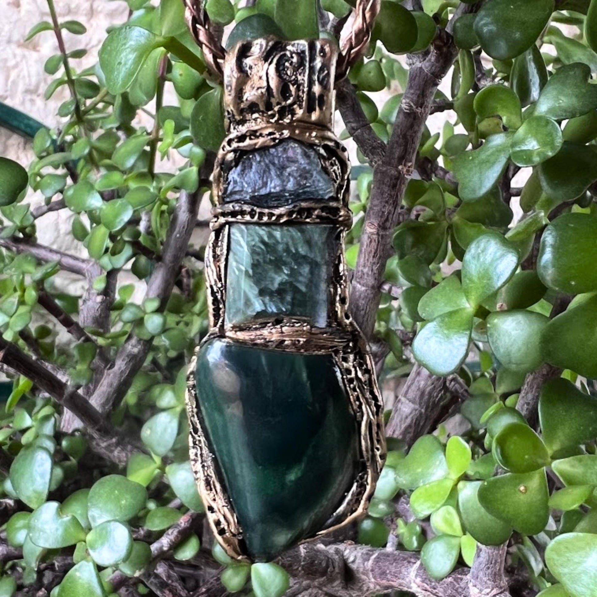 Seraphinite Amulet Pendant Necklace with Jade and Apatite - Green Healing Spiritual Jewelry