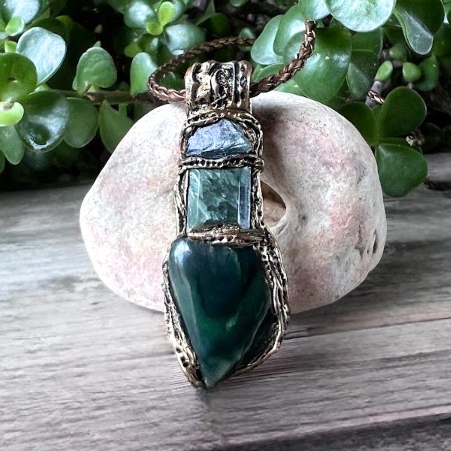Seraphinite Amulet Pendant Necklace with Jade and Apatite - Green Healing Spiritual Jewelry