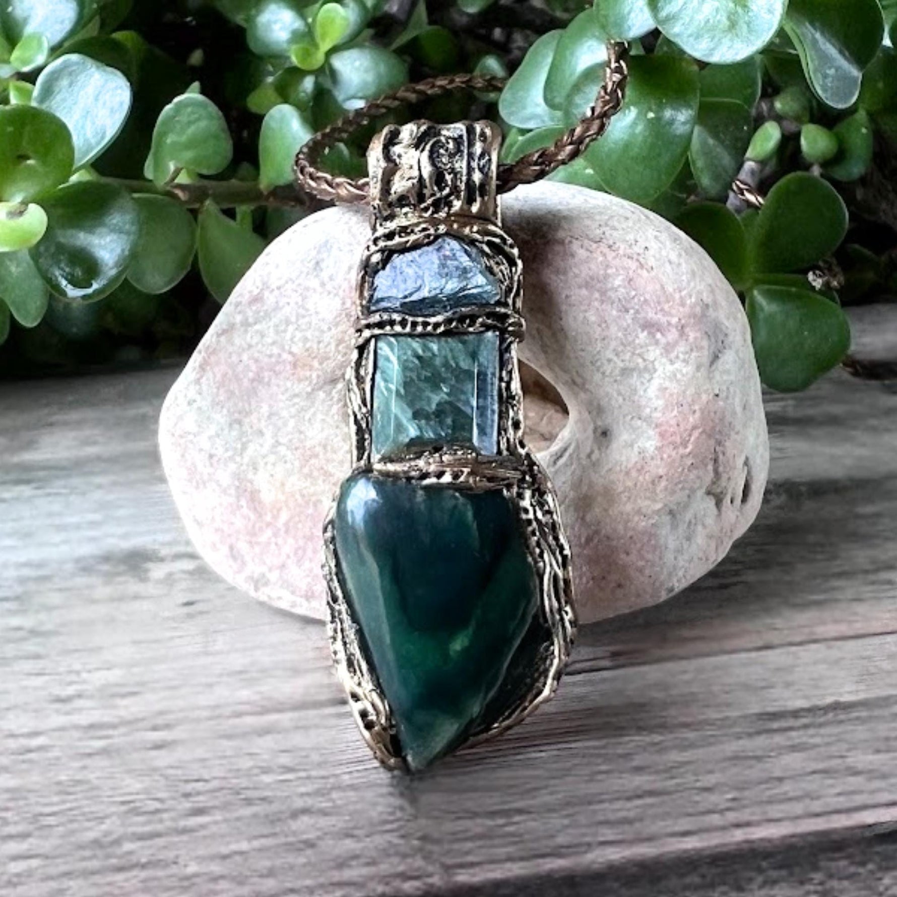 Seraphinite Amulet Pendant Necklace with Jade and Apatite - Green Healing Spiritual Jewelry