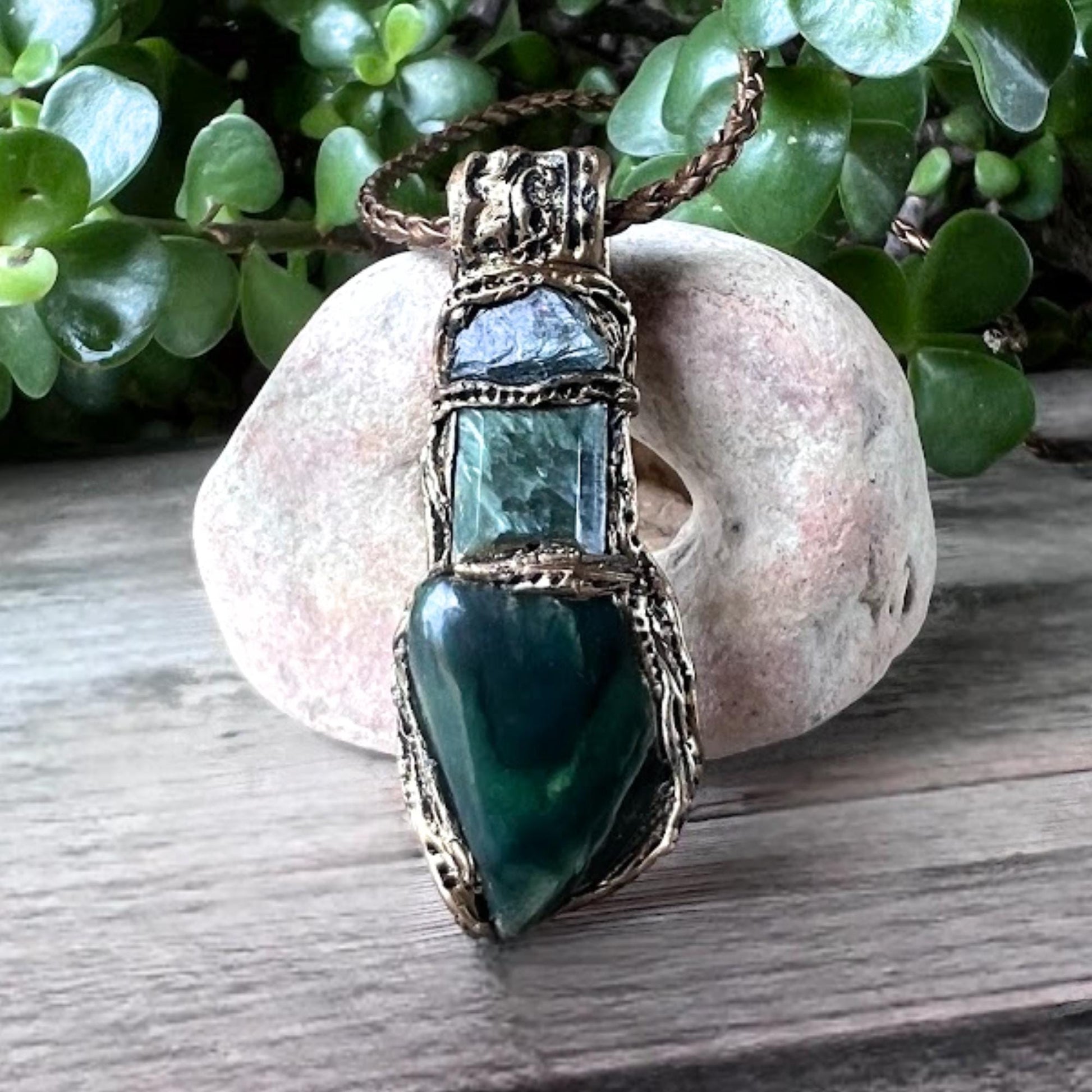 Seraphinite Amulet Pendant Necklace with Jade and Apatite - Green Healing Spiritual Jewelry