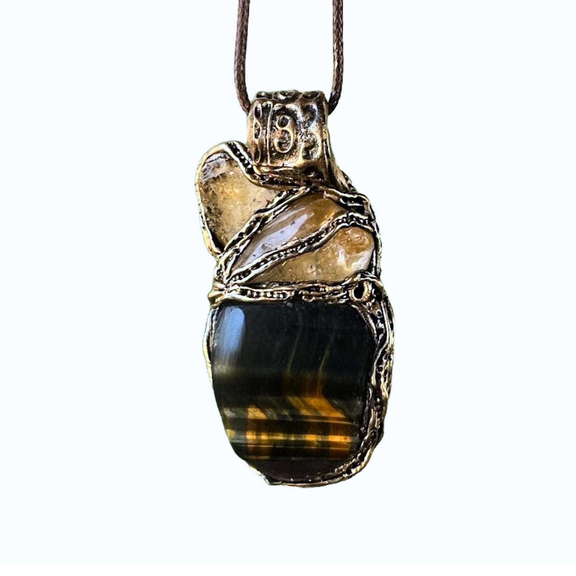 Tiger’s Eye and Citrine Talisman Pendant Necklace -  Crystal Amulet for Abundance
